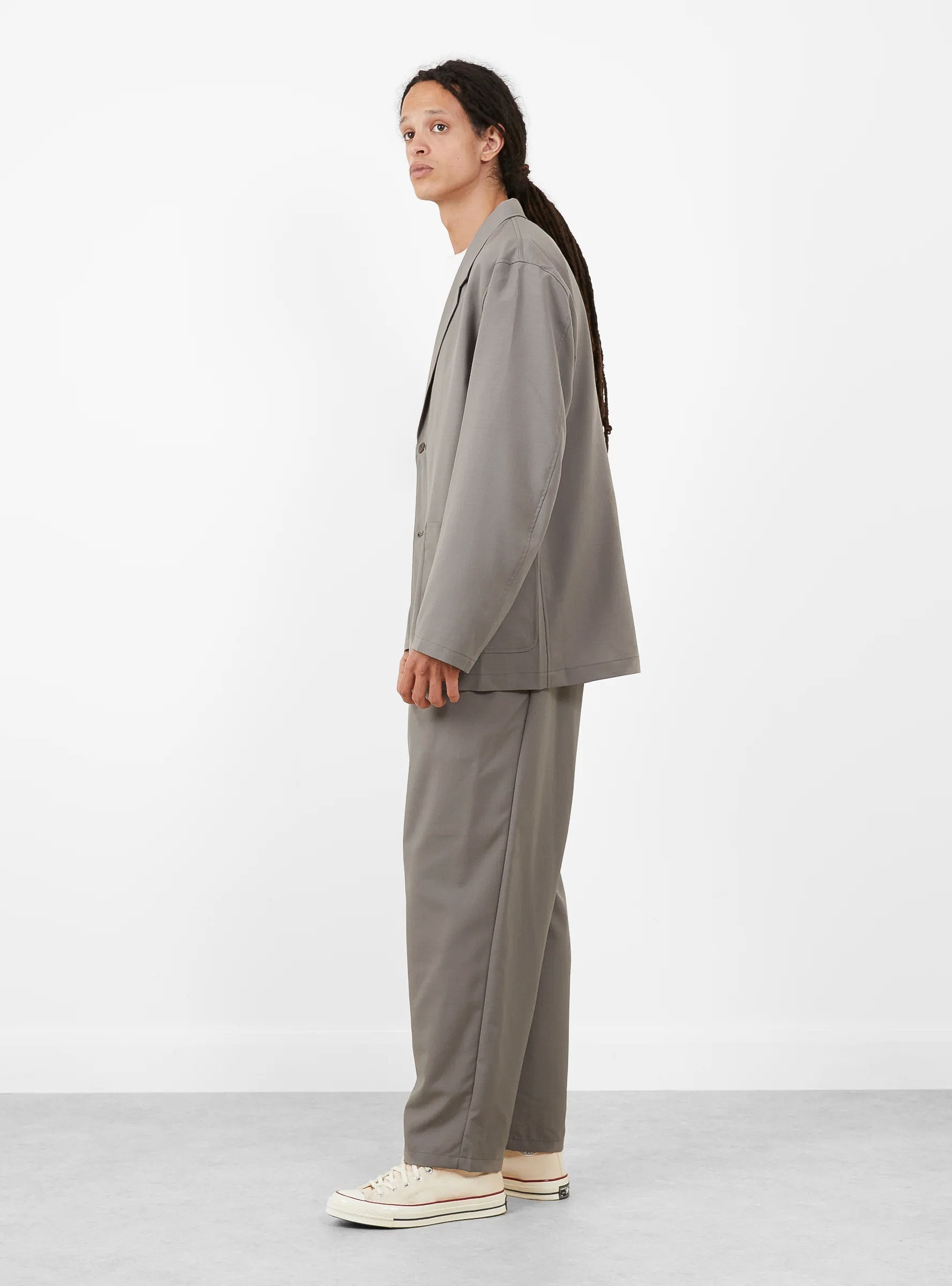 Relaxed 2B Jacket Greige STILL BY HAND (model side) at Couverture & The Garbstore