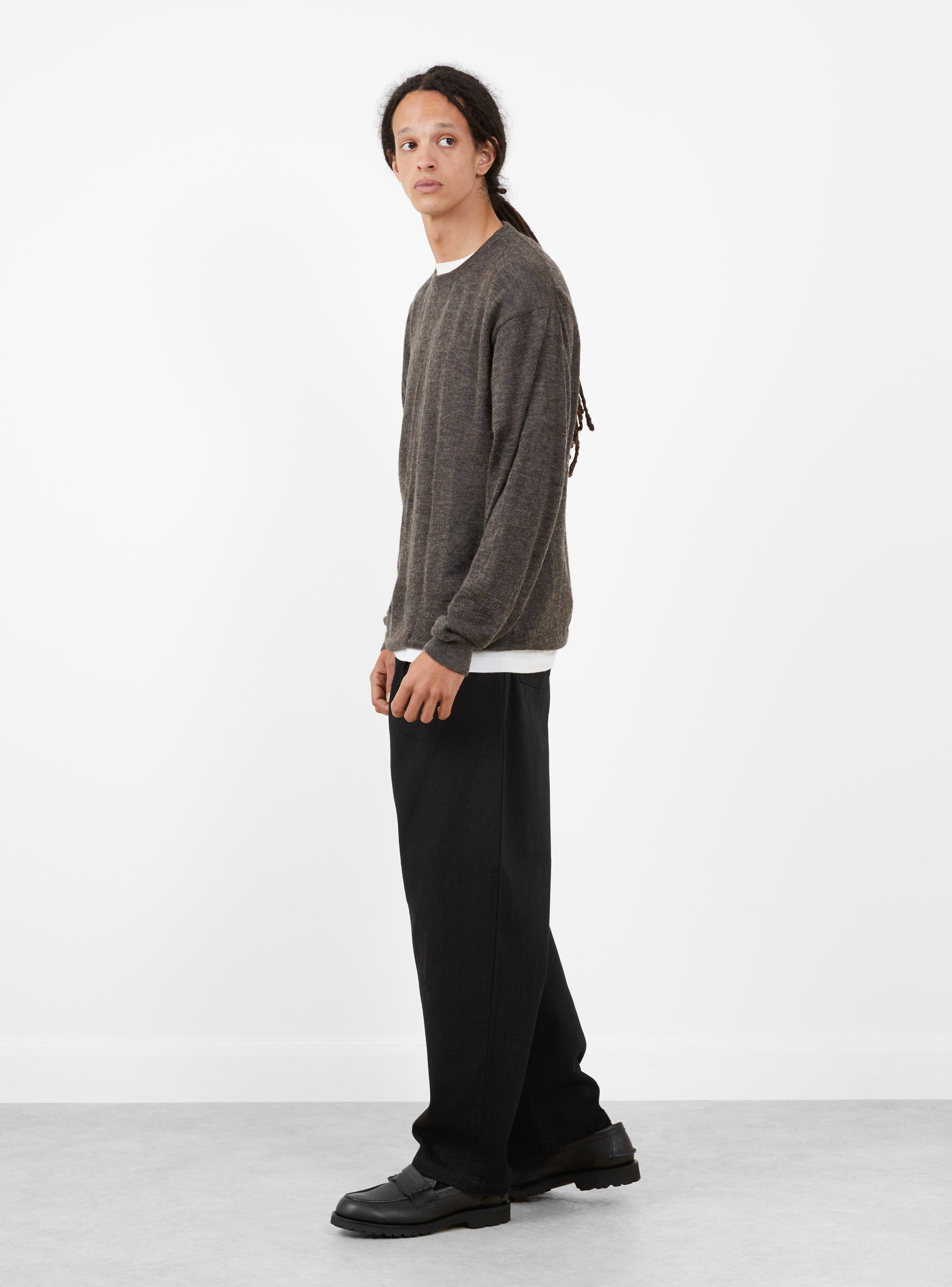 Wool Mohair Pullover Ash Brown STILL BY HAND (model side) at Couverture & The Garbstore