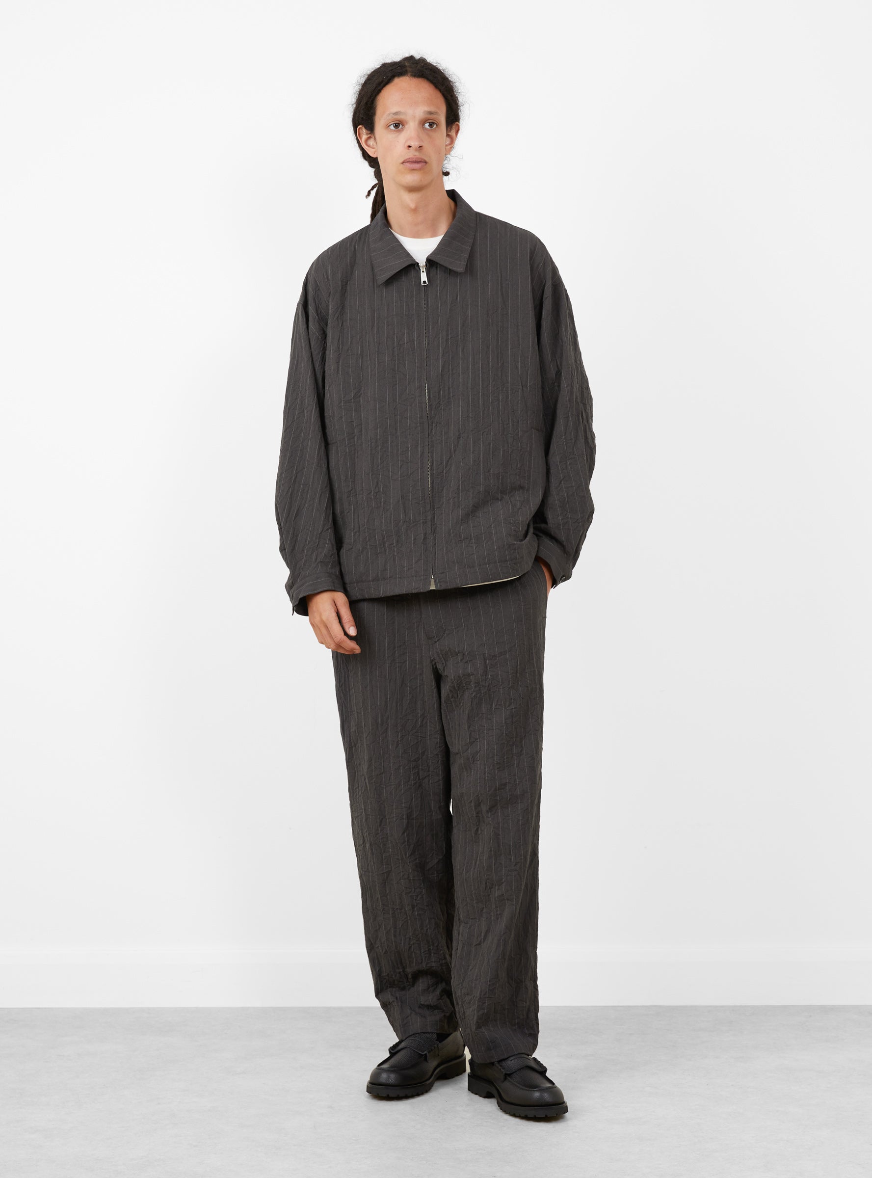 Creasy Zip Up Blouson Charcoal STILL BY HAND (model fornt) at Couverture & The Garbstore