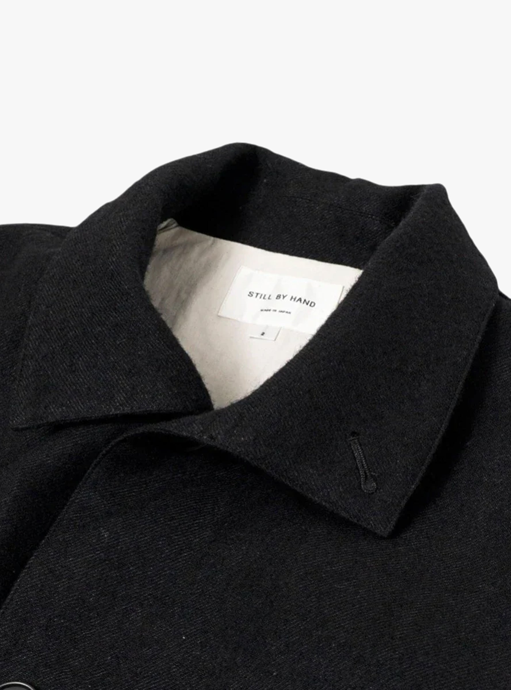 Linen Mixed Wool Coat Black STILL BY HAND (Collar Detail) at Couverture & The Garbstore