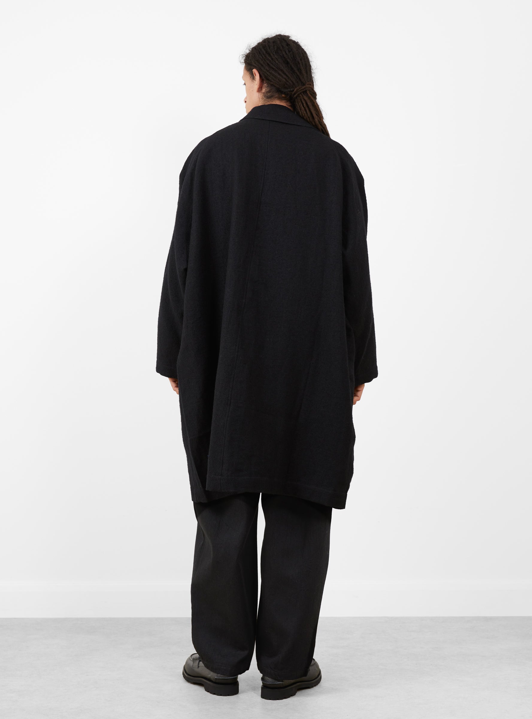 Linen Mixed Wool Coat Black STILL BY HAND (model back) at Couverture & The Garbstore