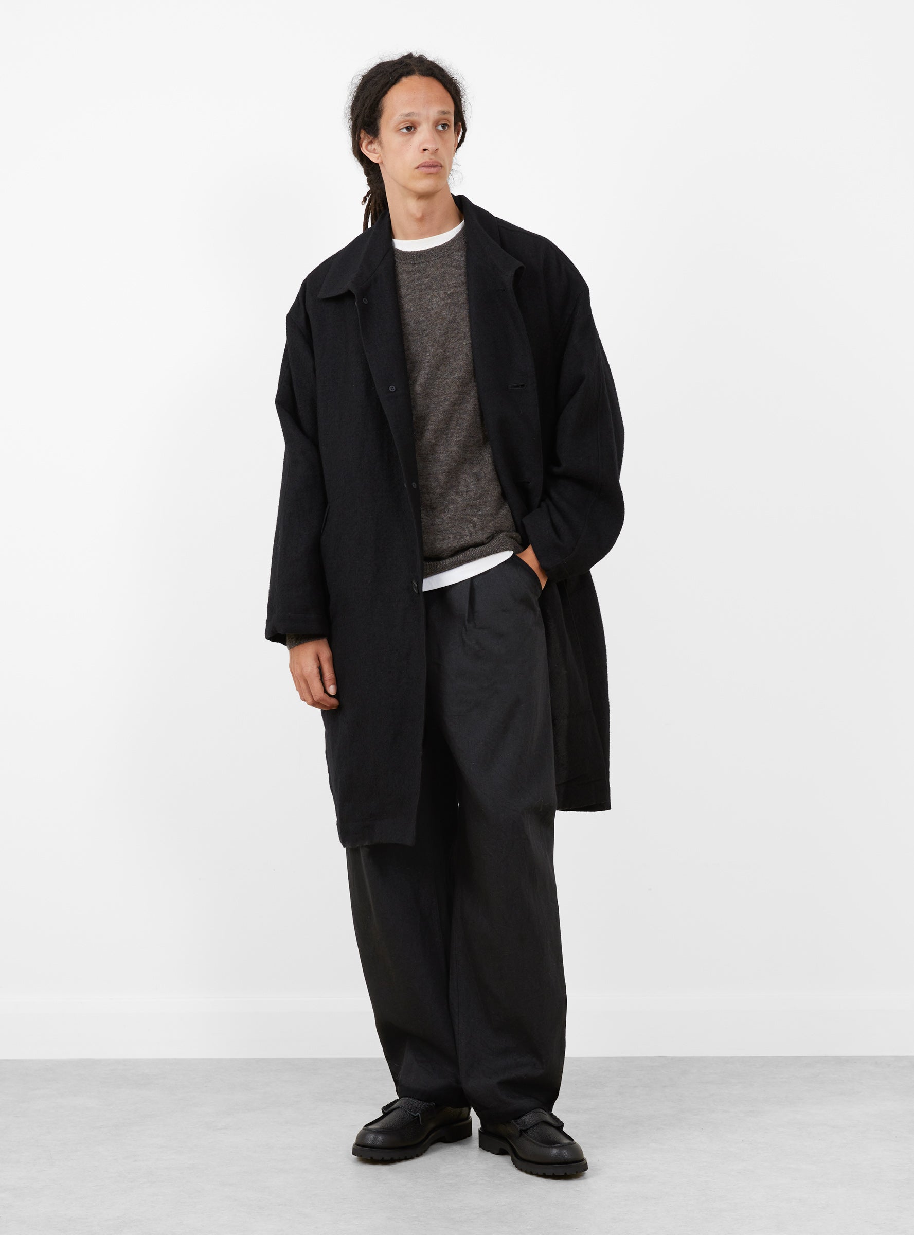 Linen Mixed Wool Coat Black STILL BY HAND (model front) at Couverture & The Garbstore