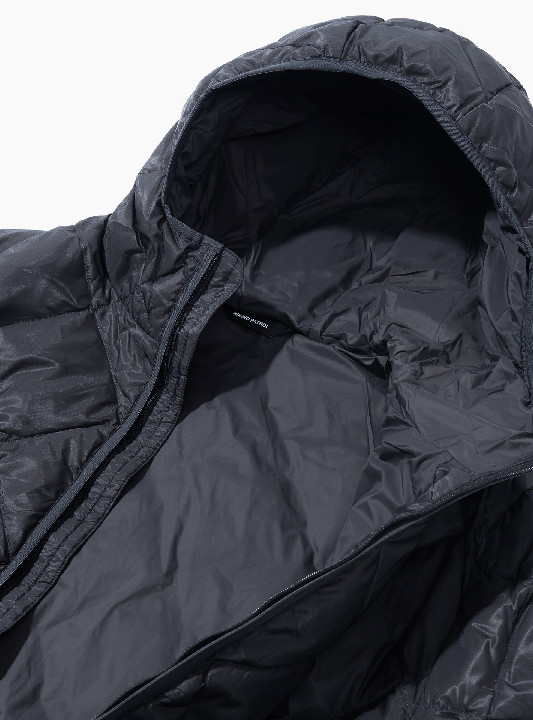 Base LT Down Hooded Jacket Charcoal Black HIKING PATROL (Detail) at Couverture & The Garbstore