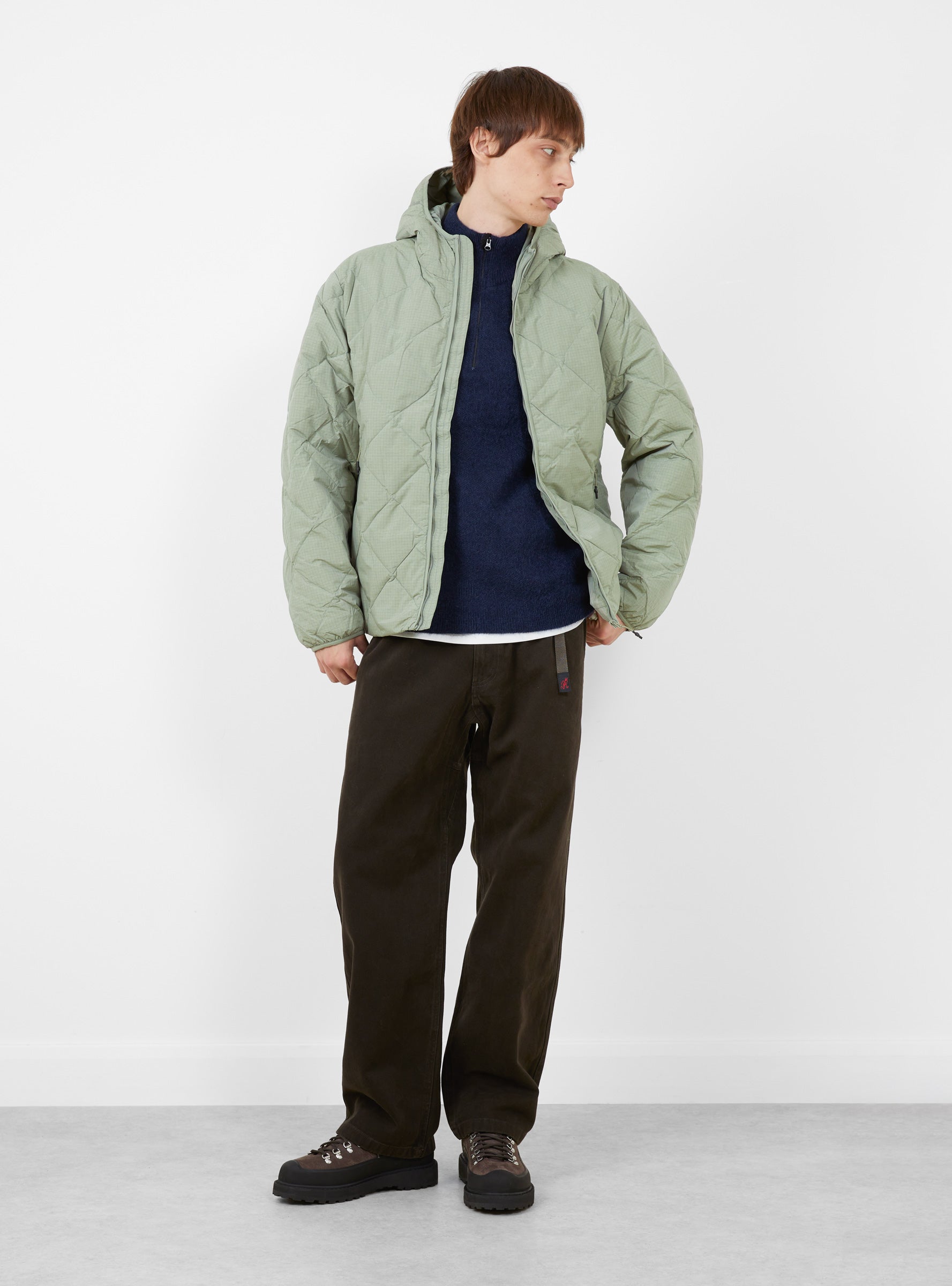 Base LT Down Hooded Jacket Thyme HIKING PATROL (model front) at Couverture & The Garbstore