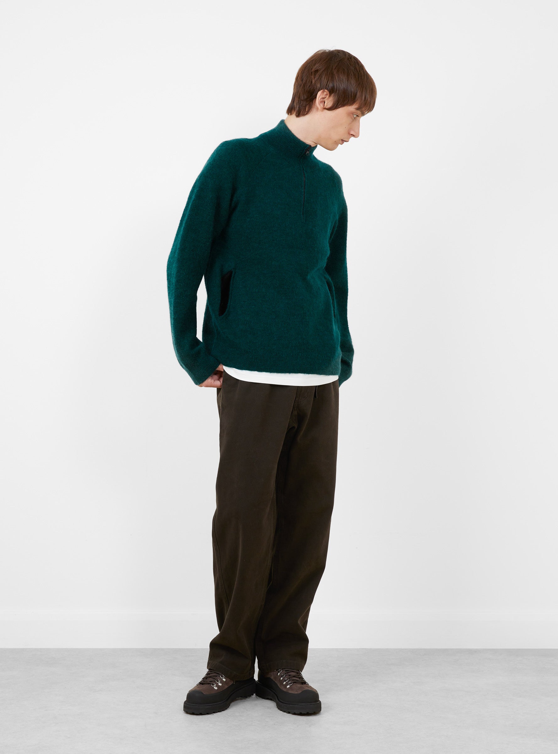Essence Mohair Mixed Knit Top Forest Green HIKING PATROL (model front) at Couverture & The Garbstore