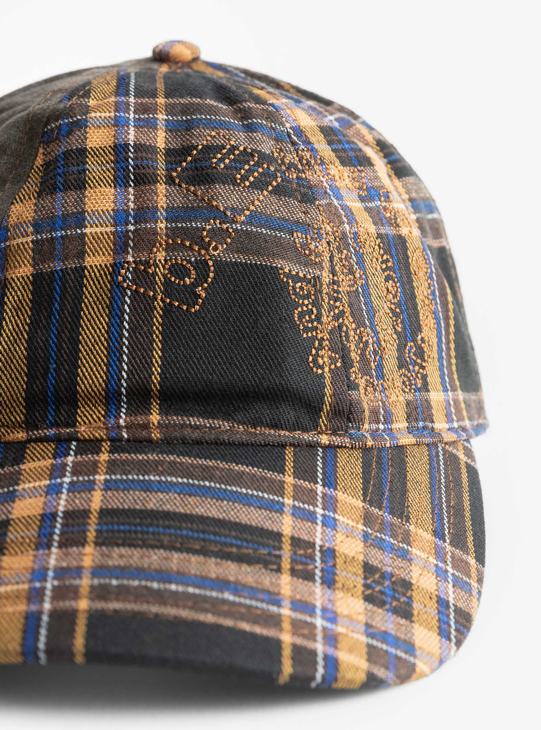 B-Turn Low Profile Hat Brown Plaid B.EAUTIFUL (embroidery detail) at Couverture & The Garbstore