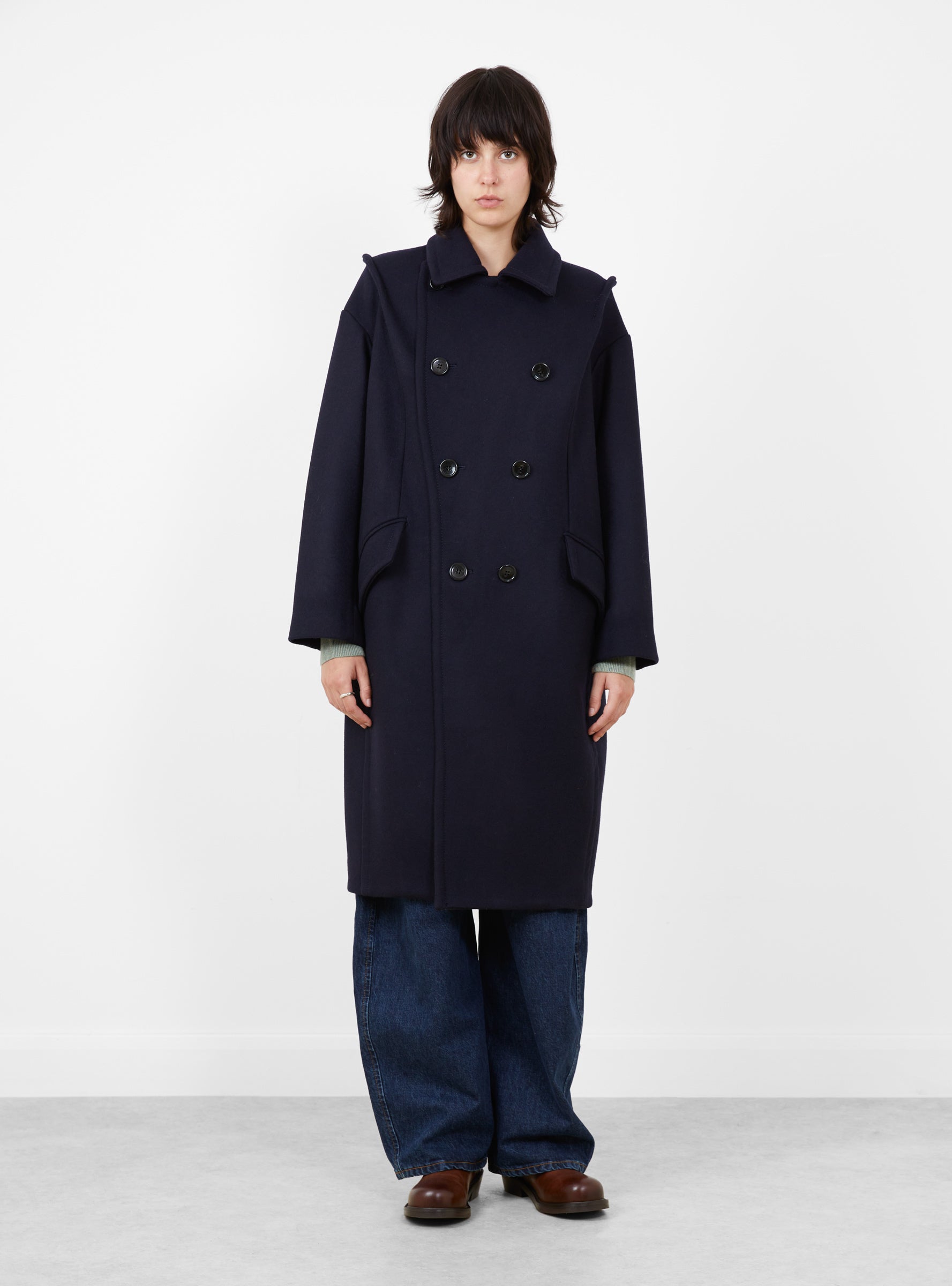Double Melton Coat Navy Navy TOGA (model front) at Couverture & The Garbstore