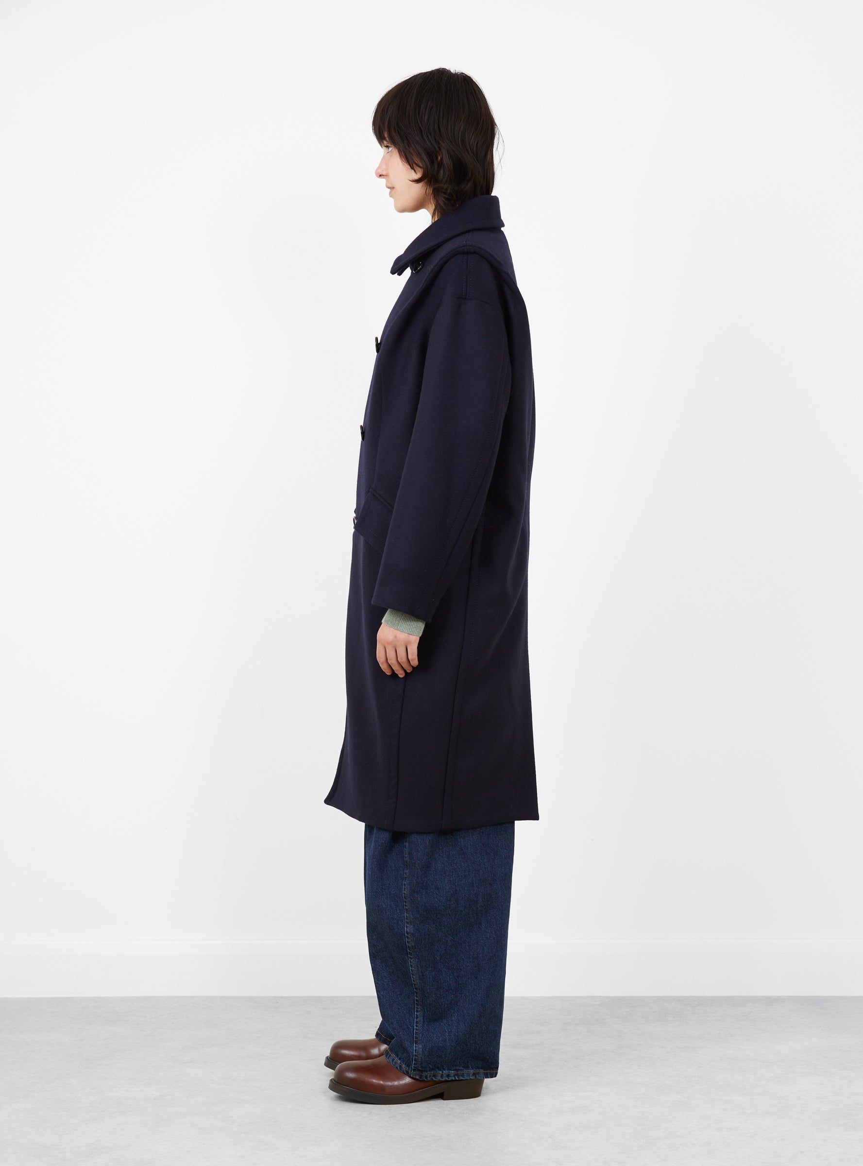 Double Melton Coat Navy Navy TOGA (model  side) at Couverture & The Garbstore