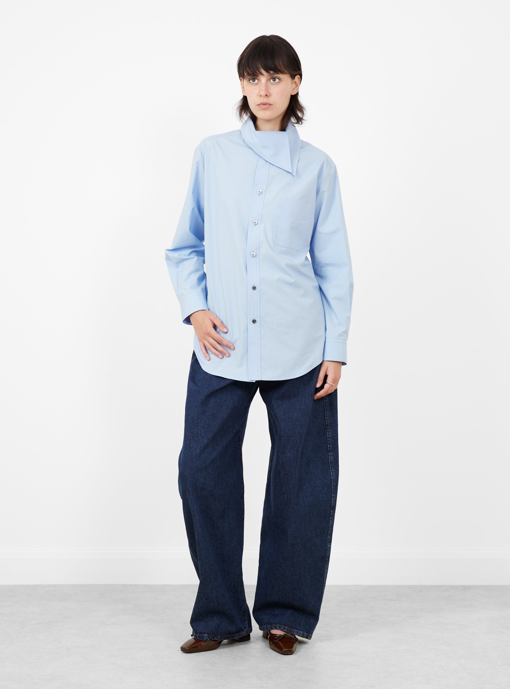 Scarf Collar Shirt Light Blue Light Blue TOGA (model front) at Couverture & The Garbstore