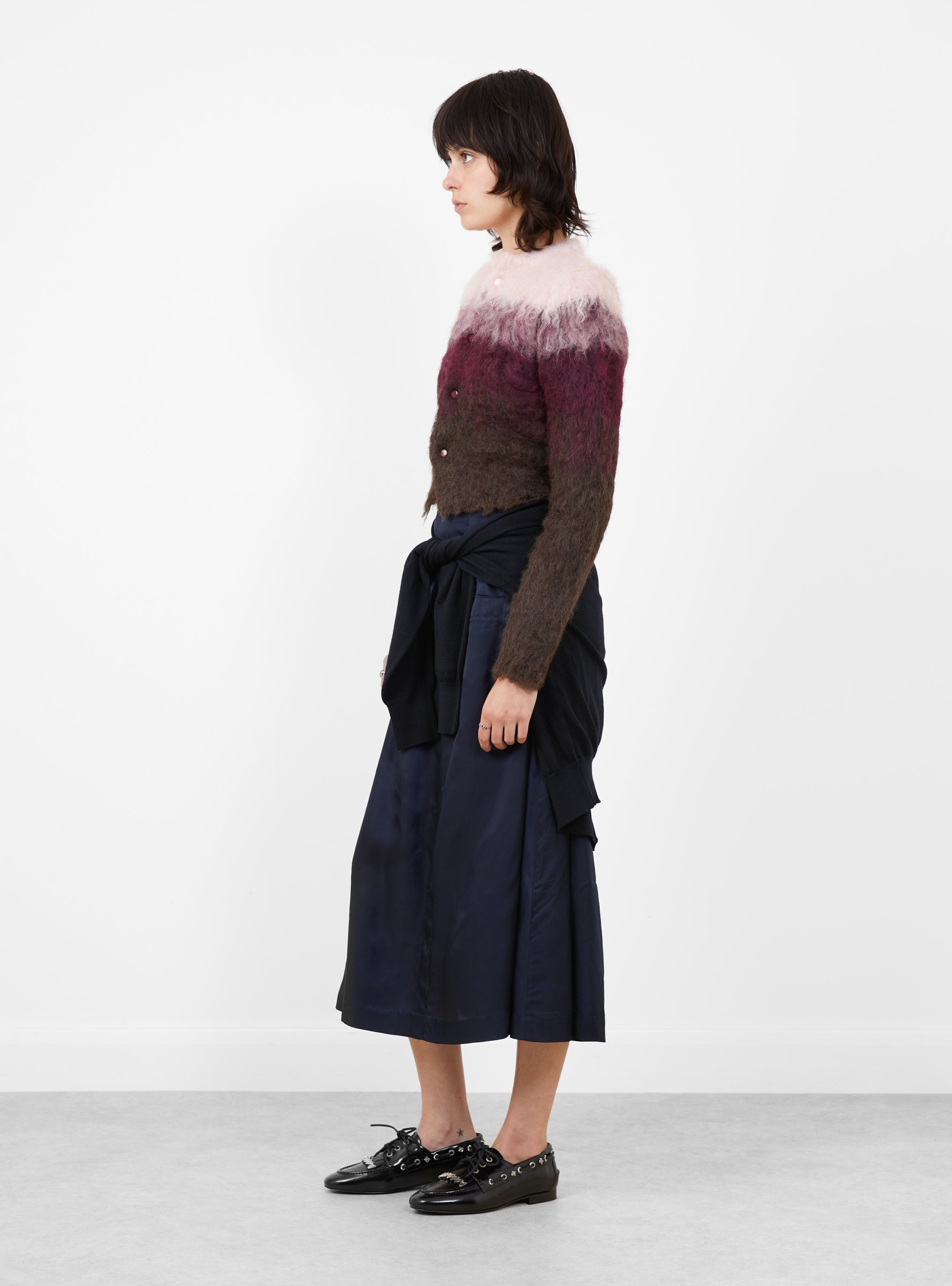 Shaggy Knit Cardigan Pink Pink TOGA (model side) at Couverture & The Garbstore