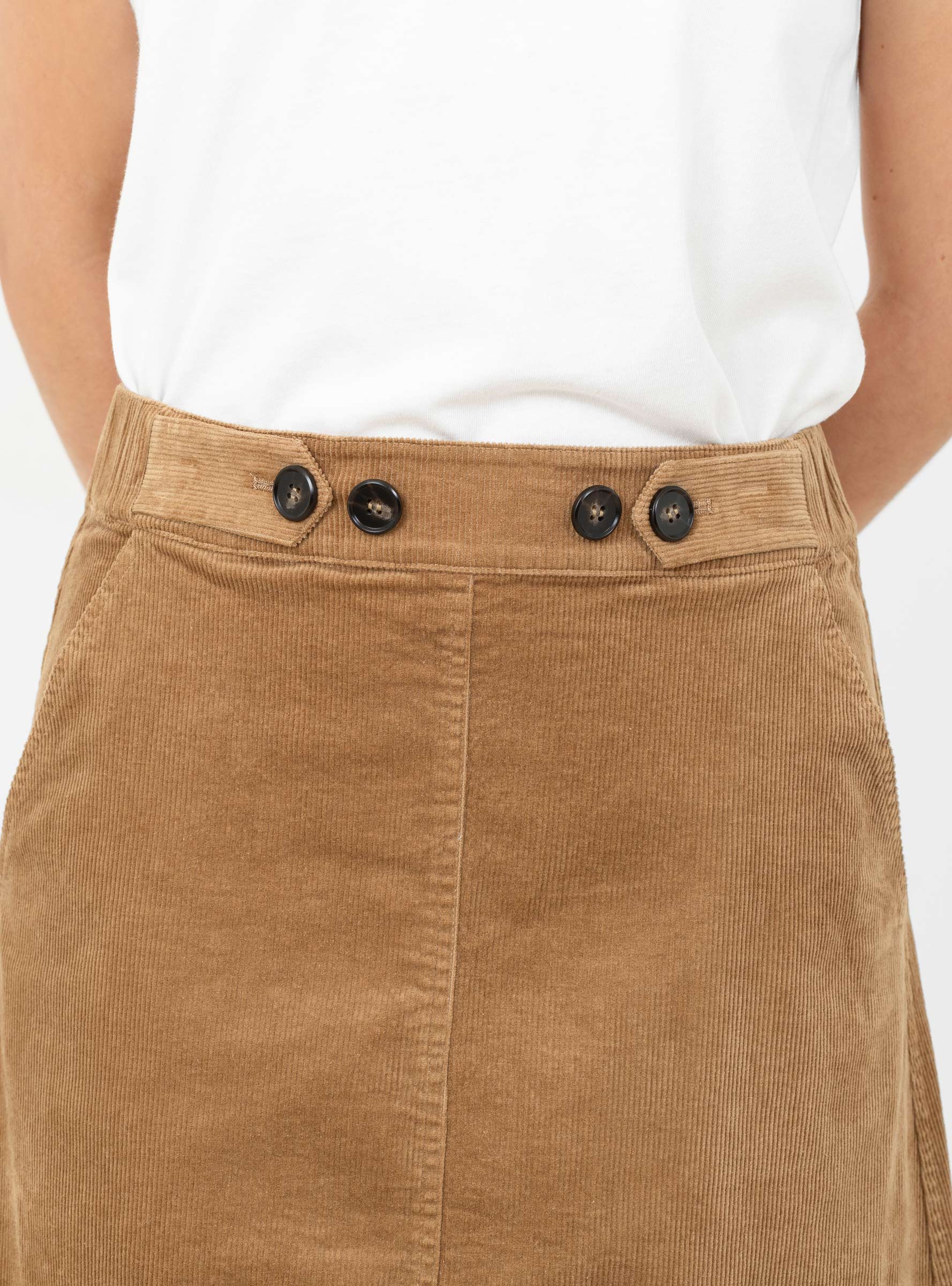 Garrett Corduroy Midi Skirt Khaki Khaki SEA (button detail) at Couverture & The Garbstore