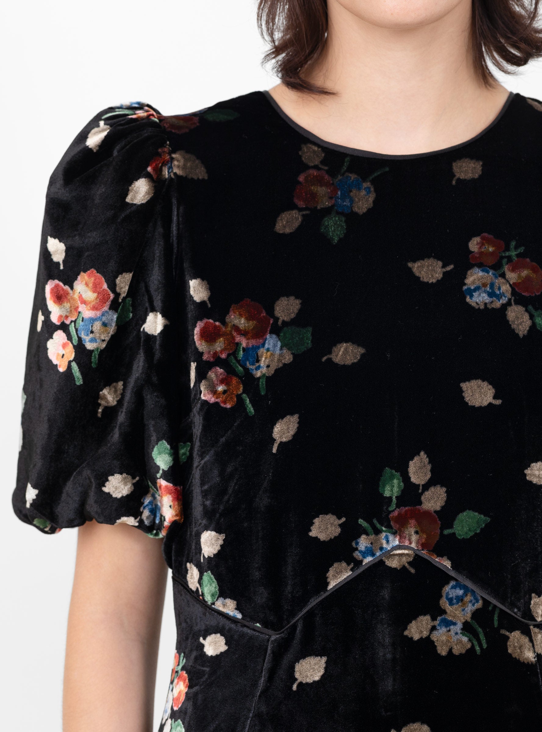 Leda Velvet Puff Sleeve Midi Dress Black Black SEA (fabric detail) at Couverture & The Garbstore