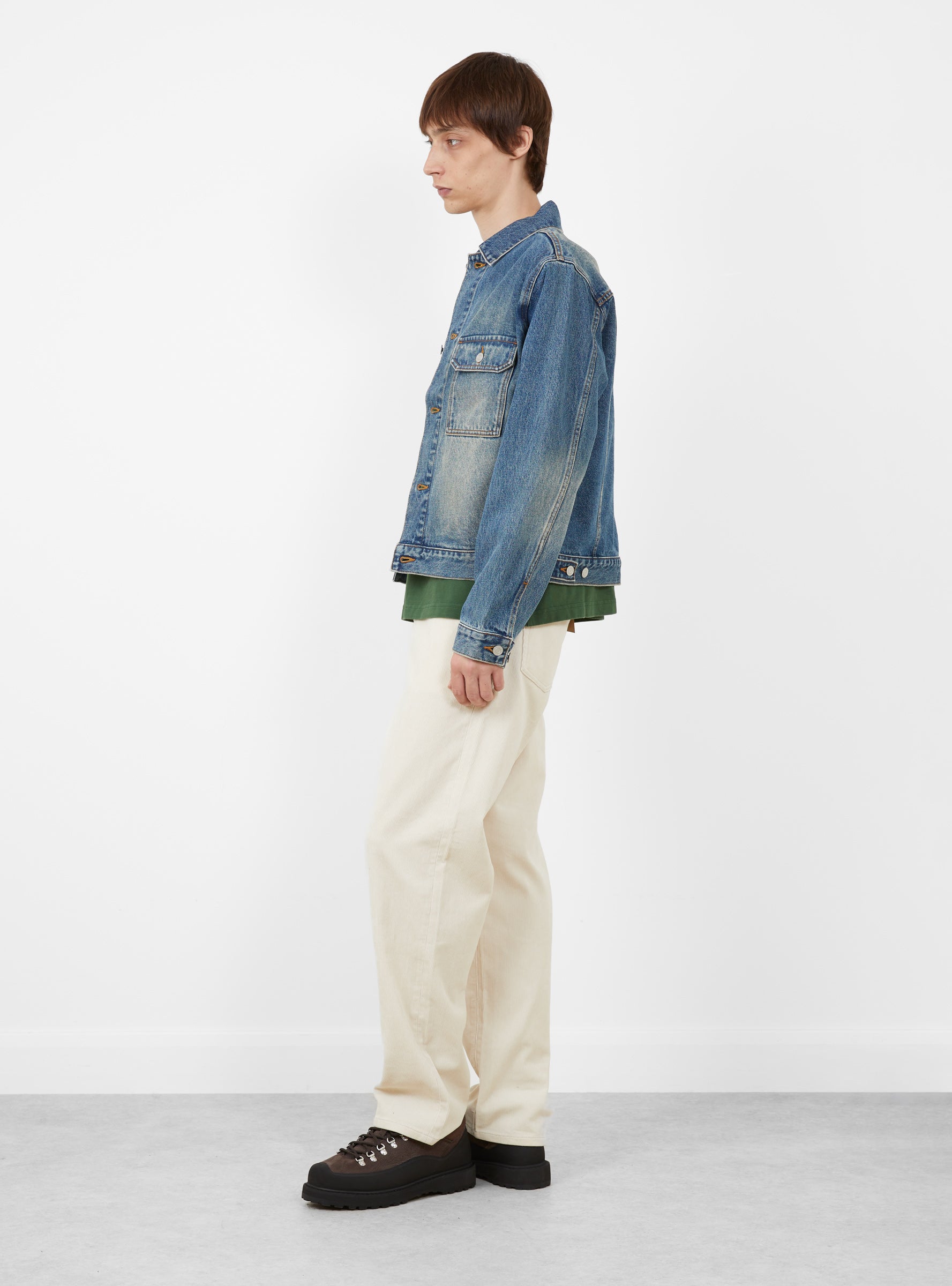 Trucker Denim Dark Wash Indigo Stussy (model side) at Couverture & The Garbstore