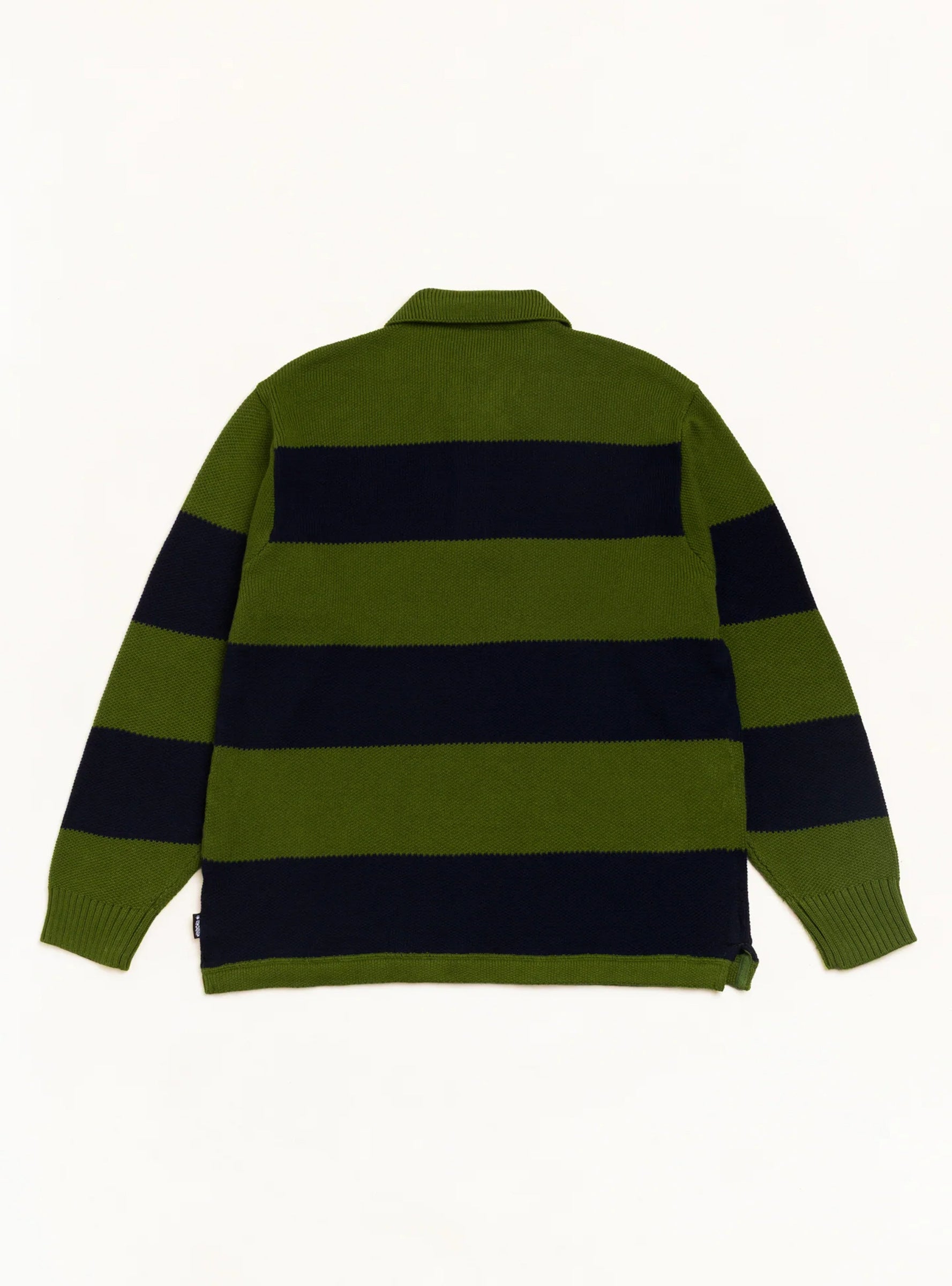 Pique Knit Stripe Rugby Shirt Olive Stussy (Back) at Couverture & The Garbstore
