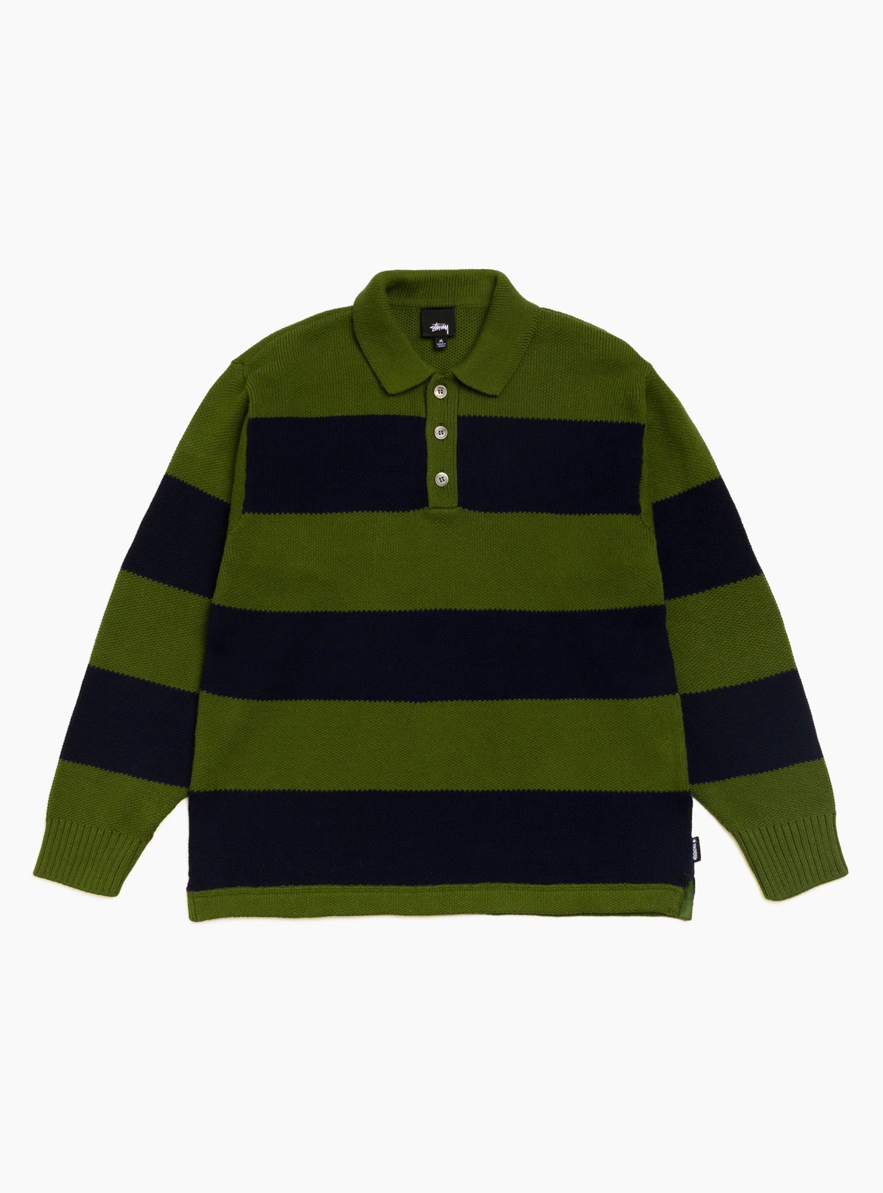 Pique Knit Stripe Rugby Shirt Olive Stussy (Front) at Couverture & The Garbstore