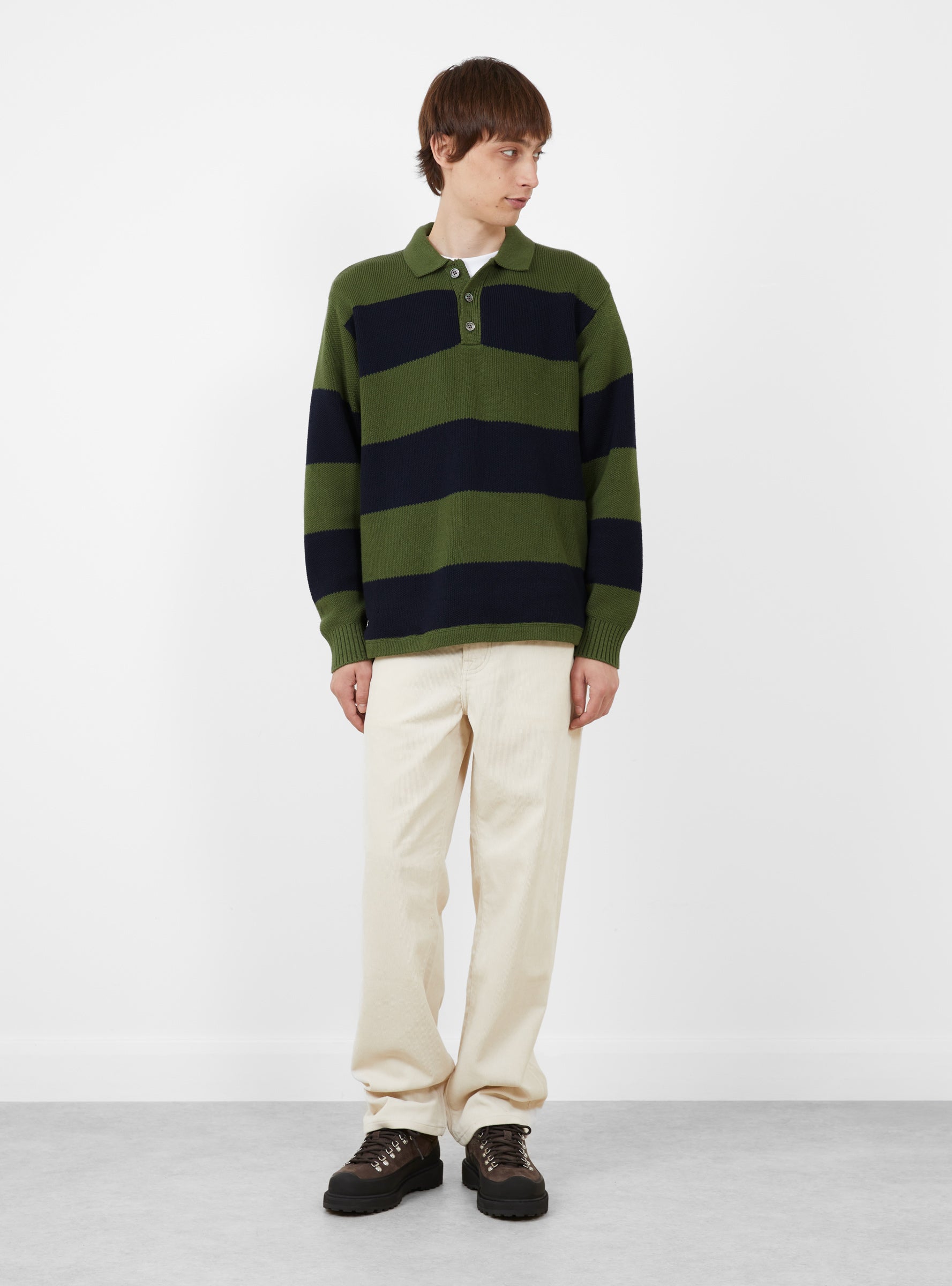 Pique Knit Stripe Rugby Shirt Olive Stussy (model front) at Couverture & The Garbstore