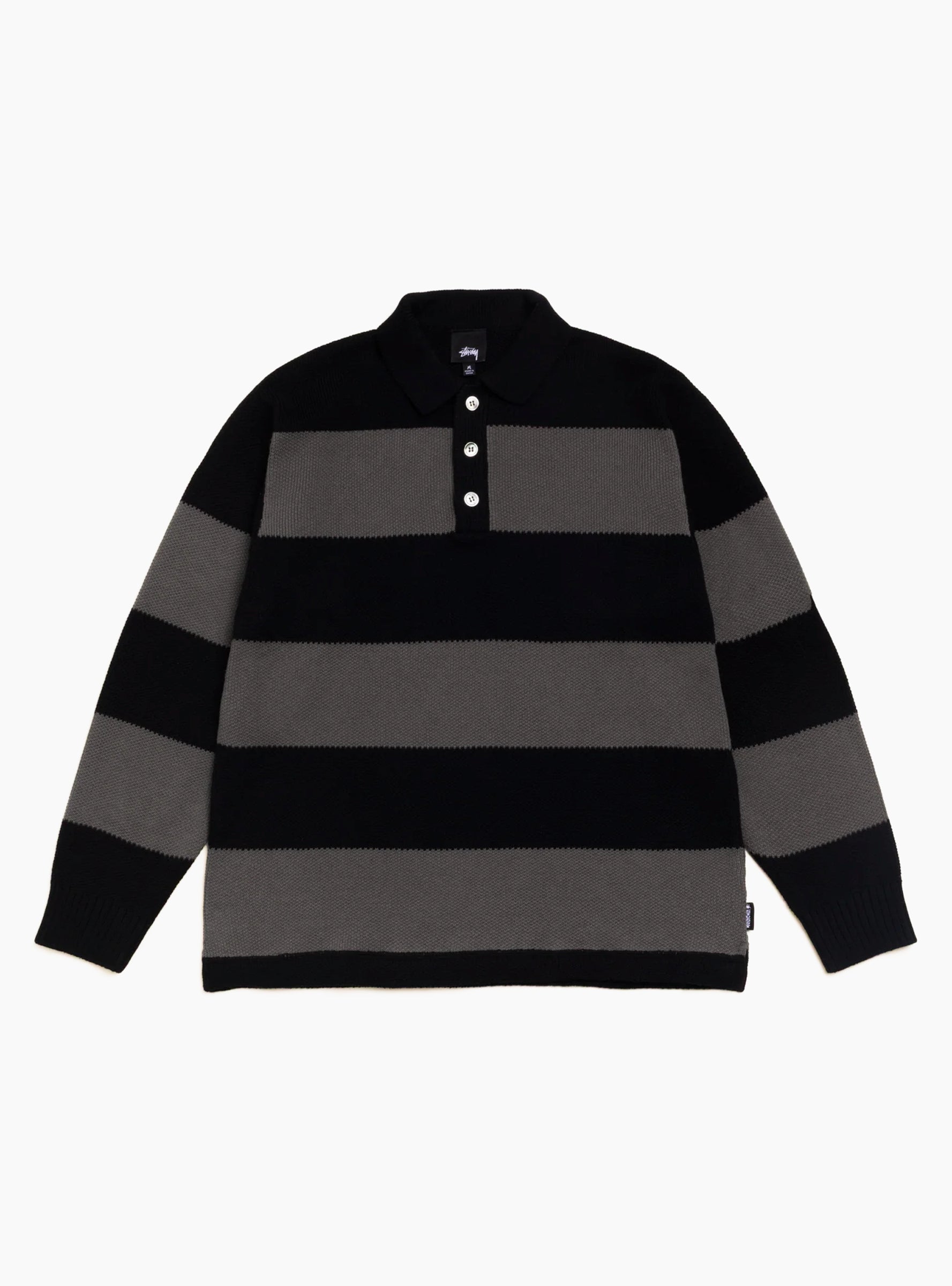 Pique Knit Stripe Rugby Shirt Black Stussy (Front) at Couverture & The Garbstore