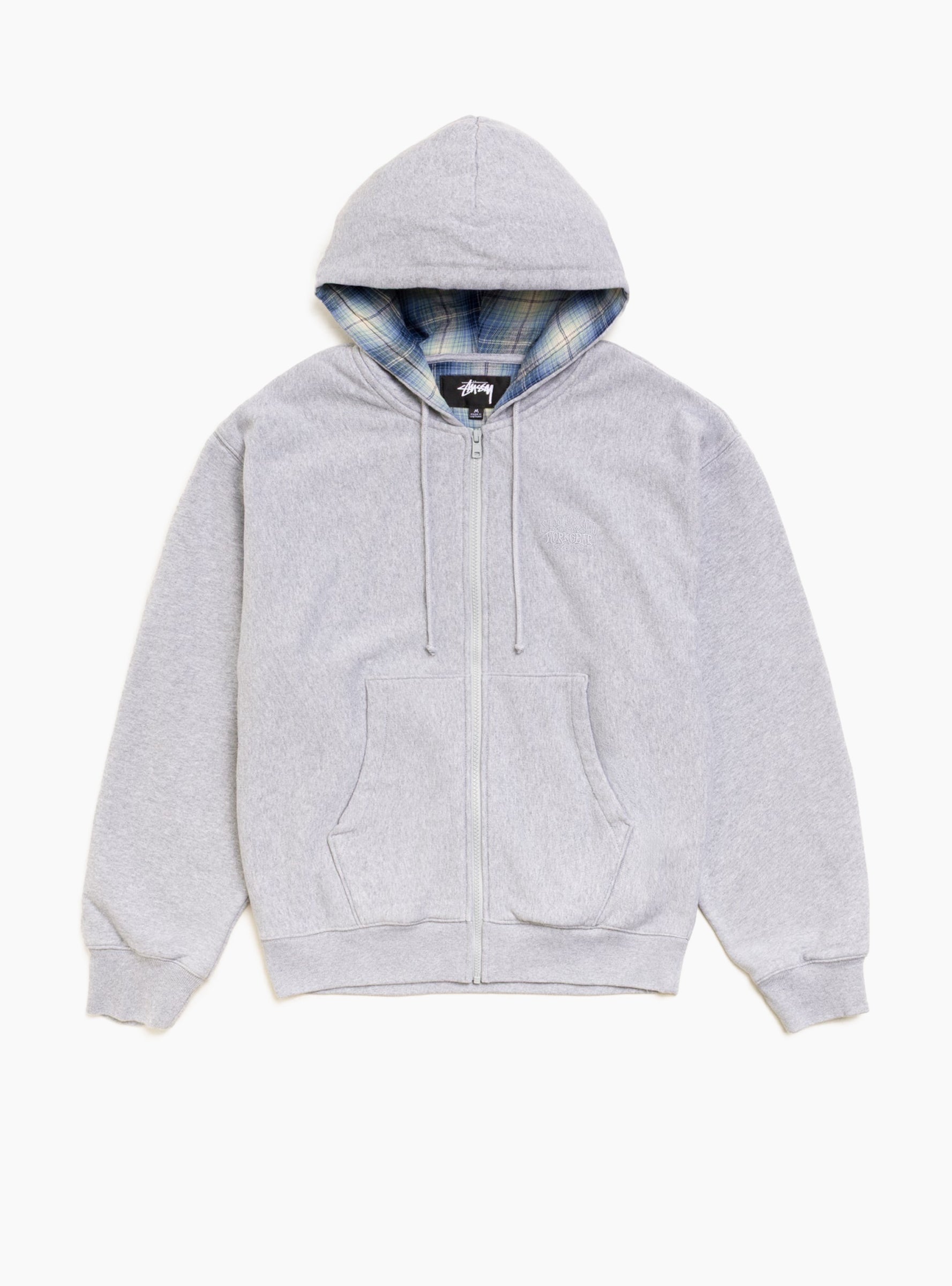 Plaid Lined Zip Hoodie Heather Grey Stussy (Front) at Couverture & The Garbstore