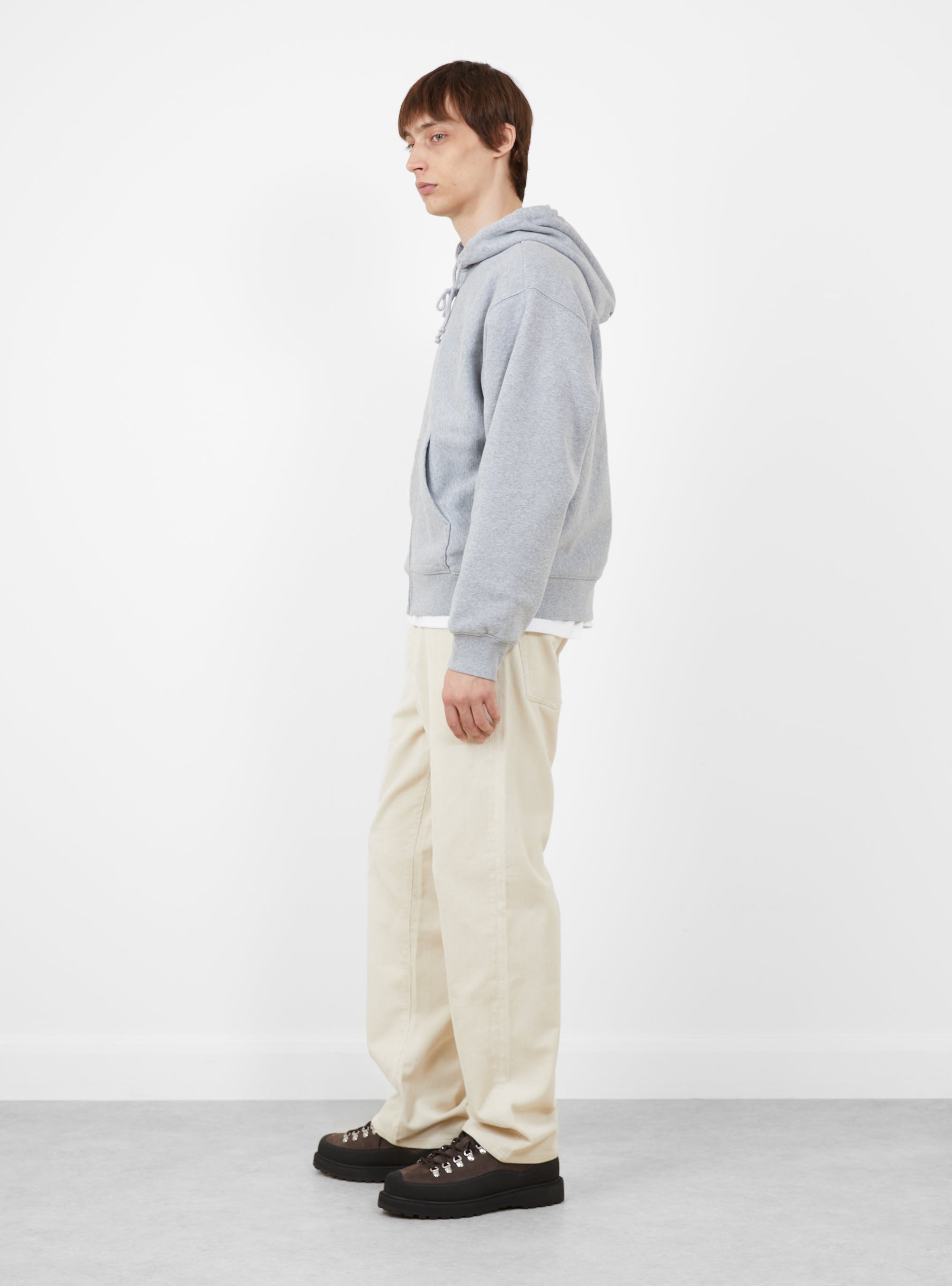 Plaid Lined Zip Hoodie Heather Grey Stussy (model side) at Couverture & The Garbstore