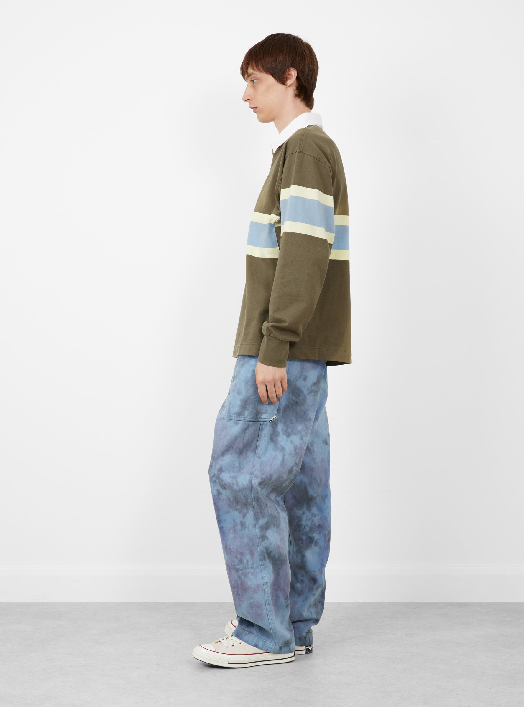Hemp Relaxed Pant Tie Dye Blue Gramicci (model side) at Couverture & The Garbstore
