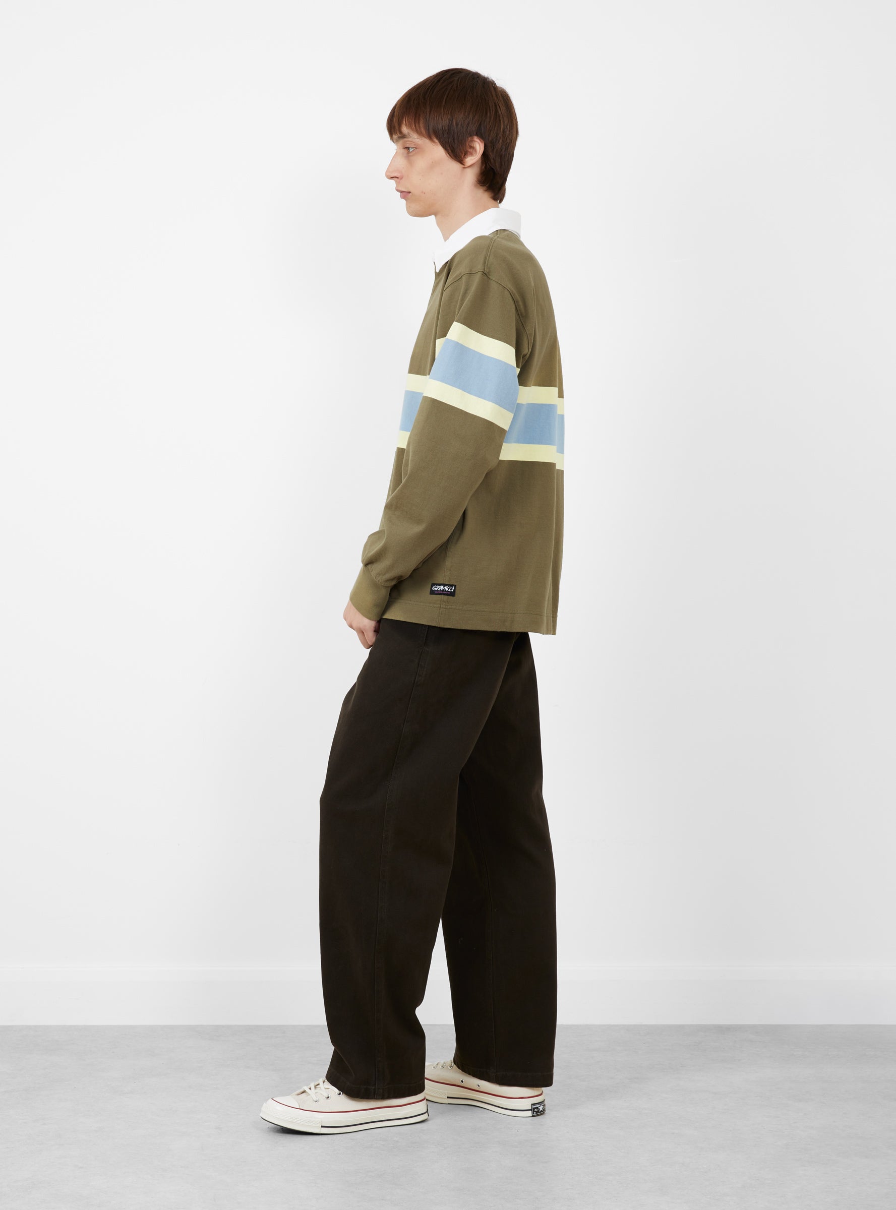 Langdon Rugby Shirt Winter Olive Gramicci (model side) at Couverture & The Garbstore