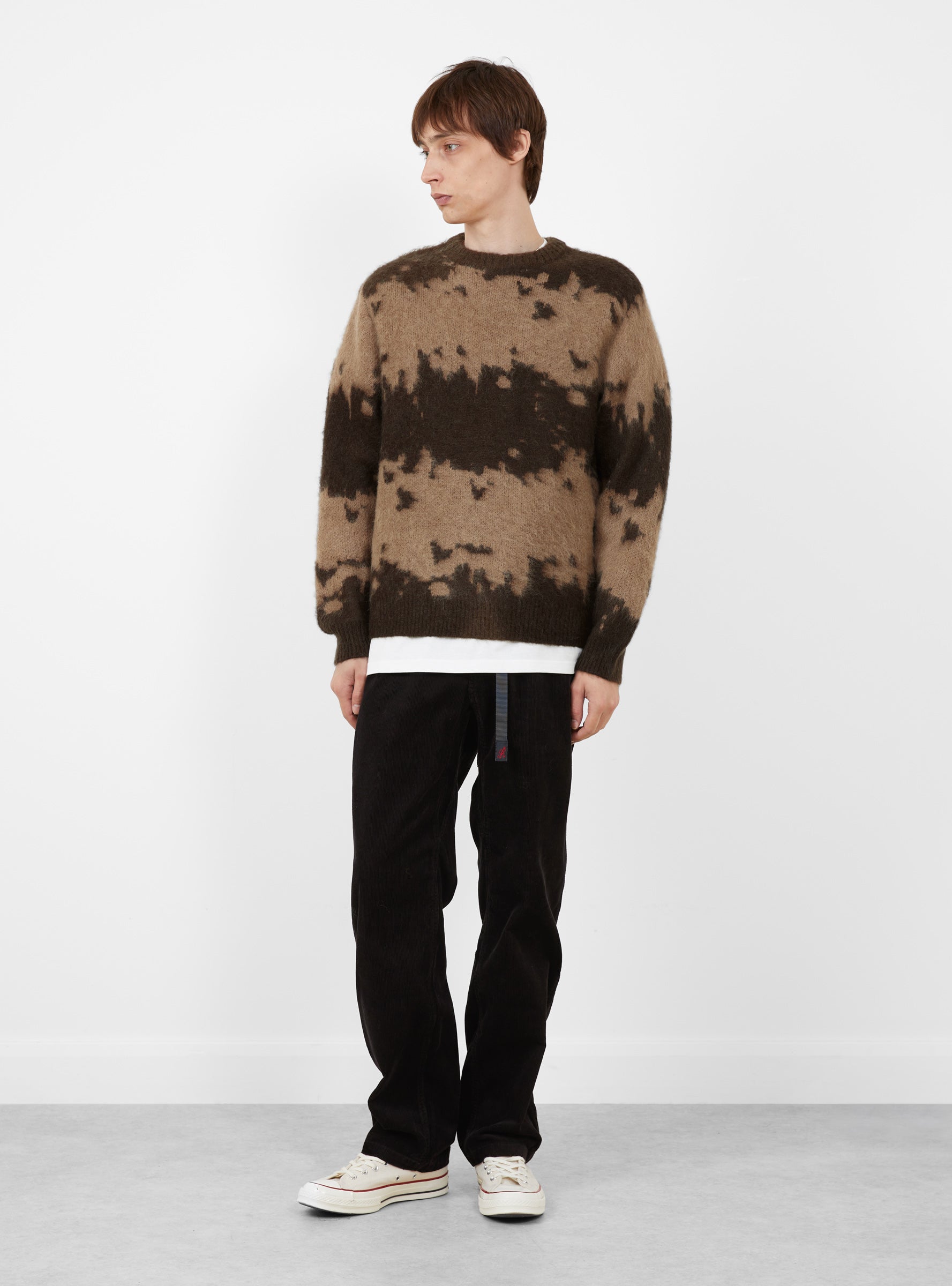 Mohair Splatter Sweater Taupe Splatter Gramicci (model front) at Couverture & The Garbstore