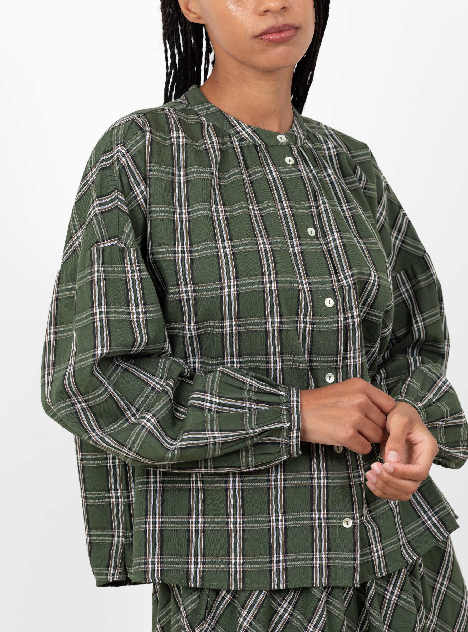 Cilla_Shirt_Green_and_White_Check_Green_and_White_Check_SKALL_model_detail at Couverture & The Garbstore