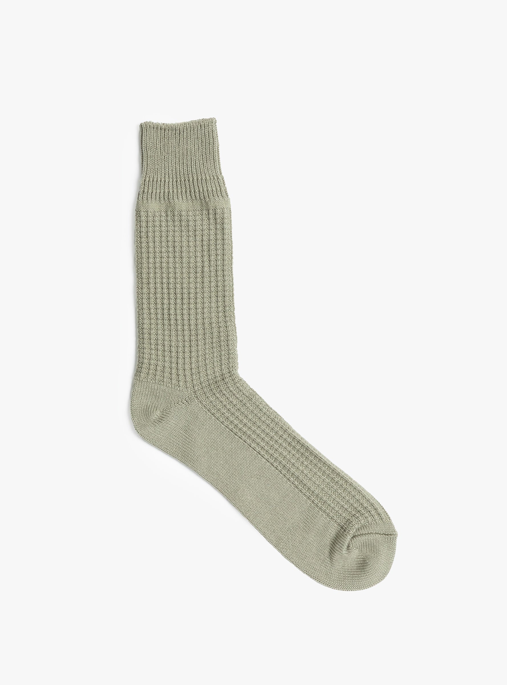 Cotton Waffle Crew Socks Sage ROTOTO (top view) at Couverture & The Garbstore