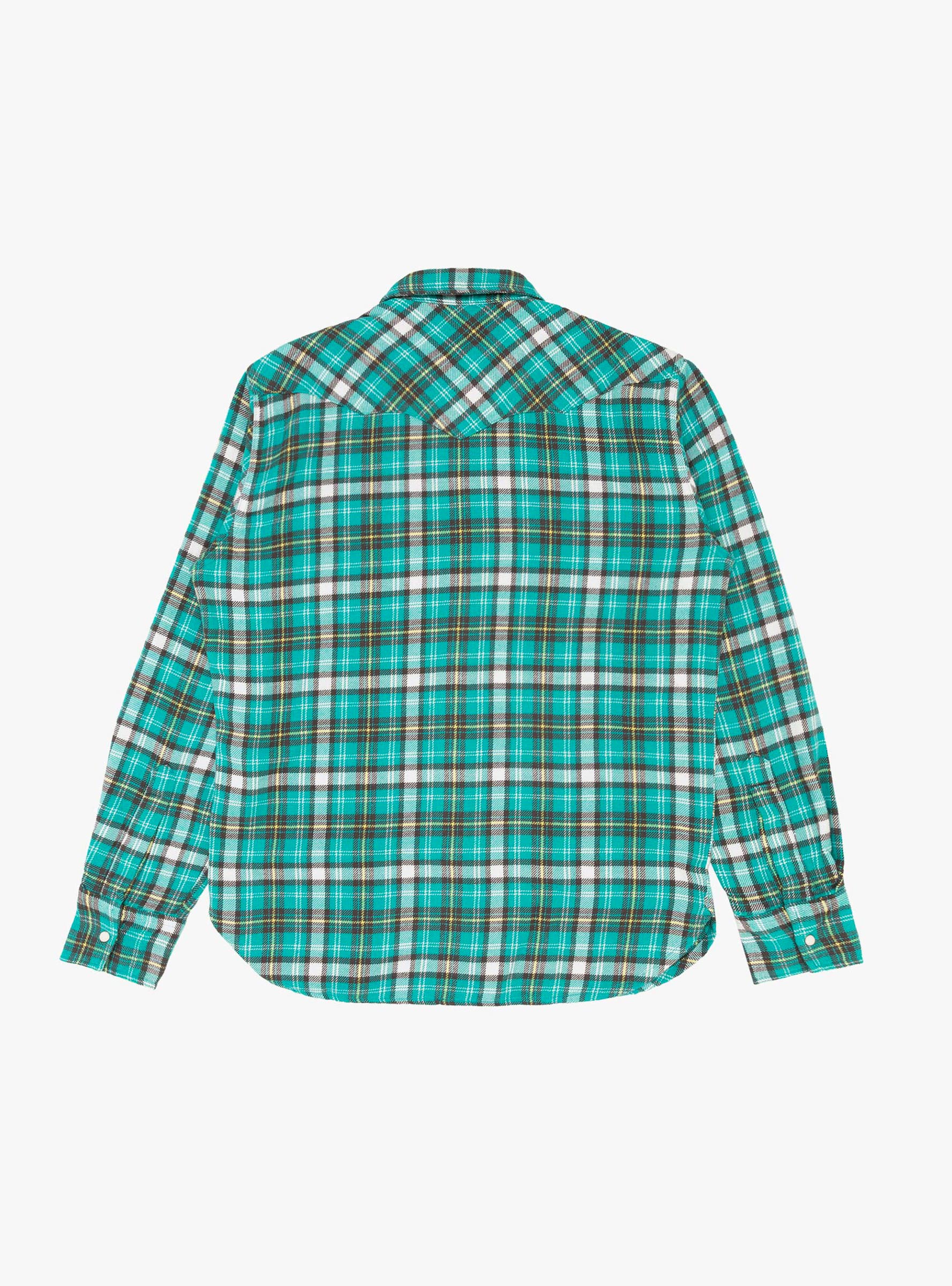 Washed Flannel Pearlsnap Shirt Cactus Flower Plaid WYTHE (back) at Couverture & The Garbstore