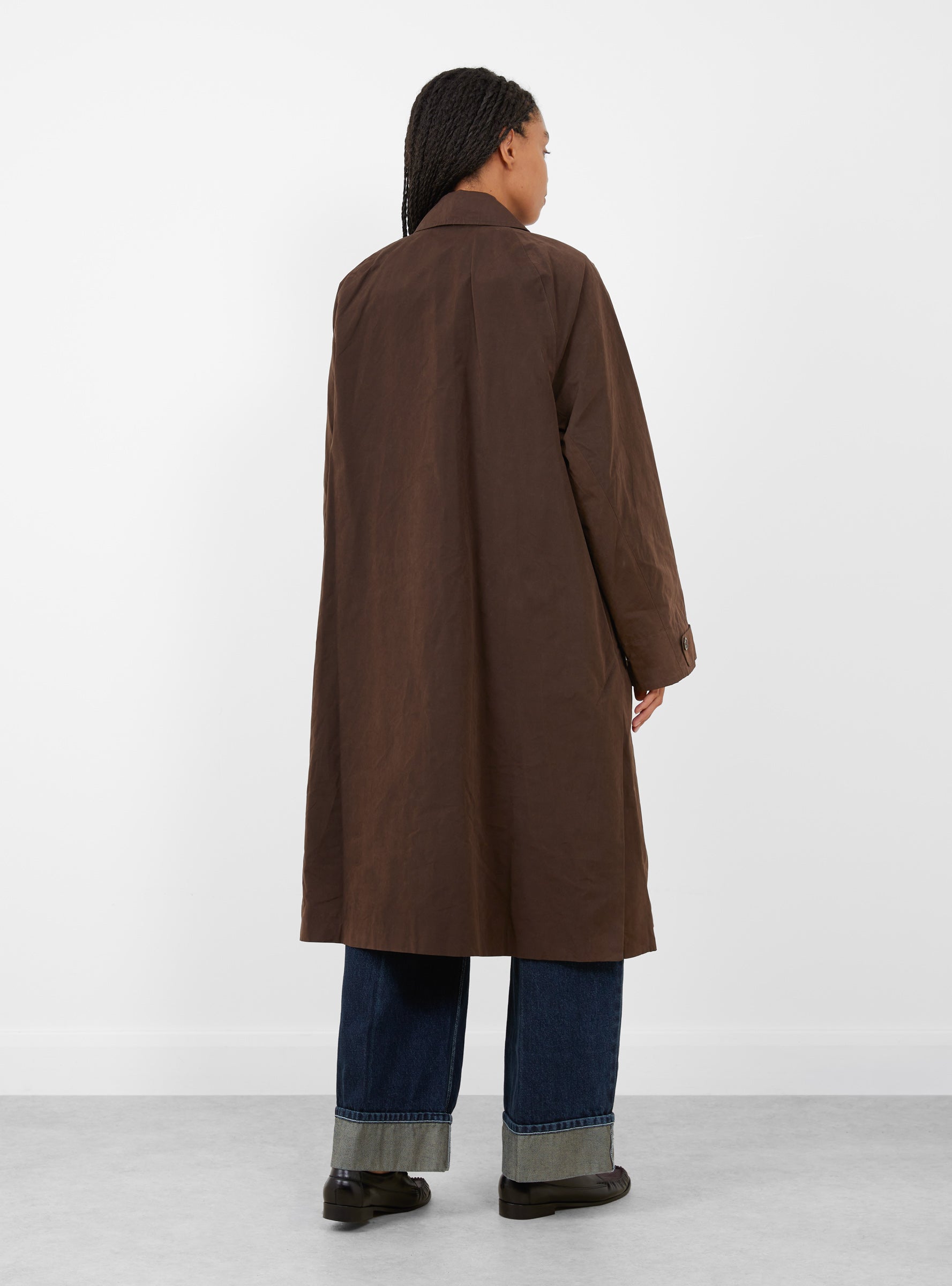 W Tyrell Trench Coat Brown Brown YMC (model back) at Couverture & The Garbstore
