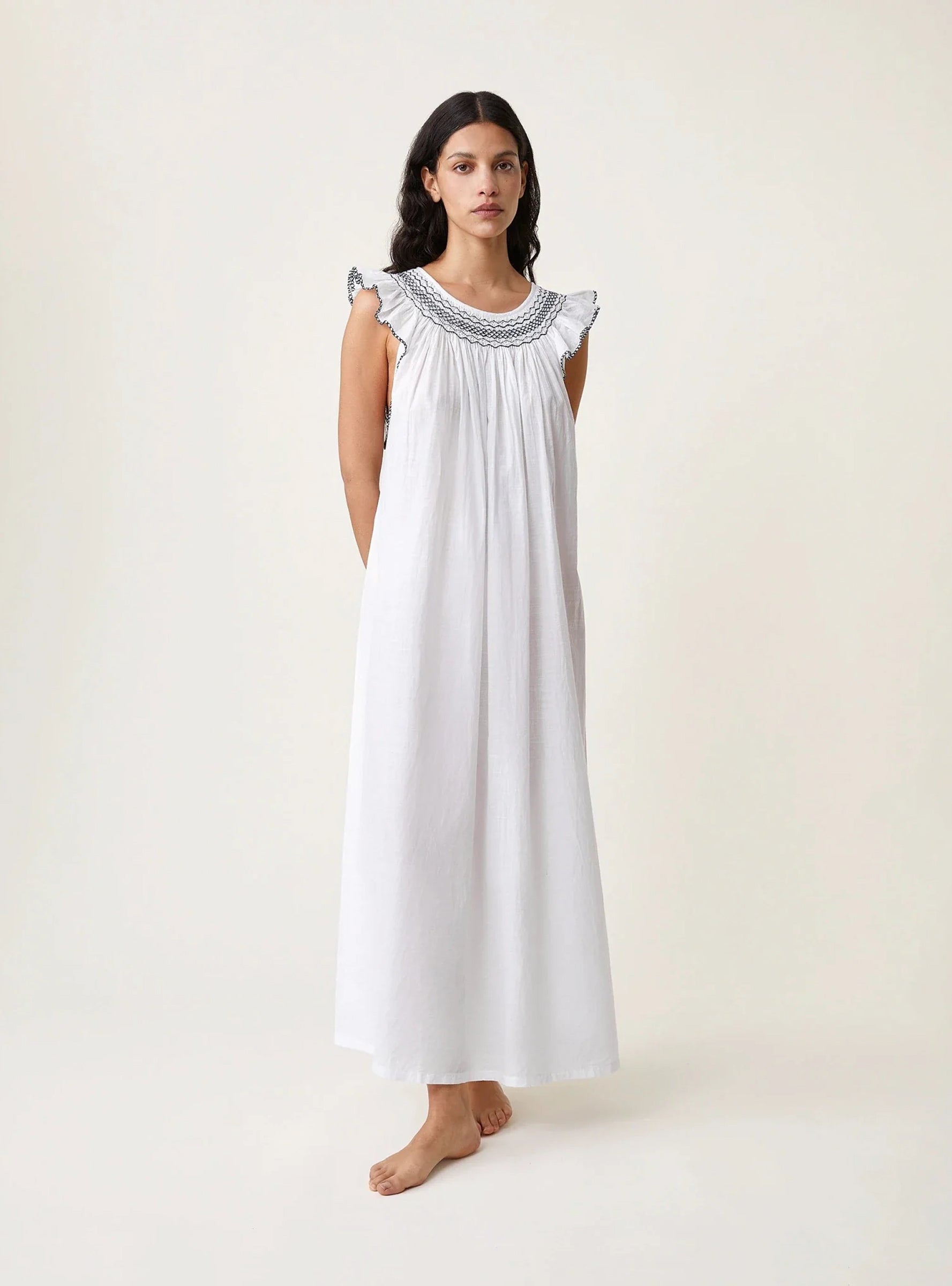 Dona Dress Navy Embroidery White navy embroidery Scarlette Atelier (model) at Couverture & The Garbstore