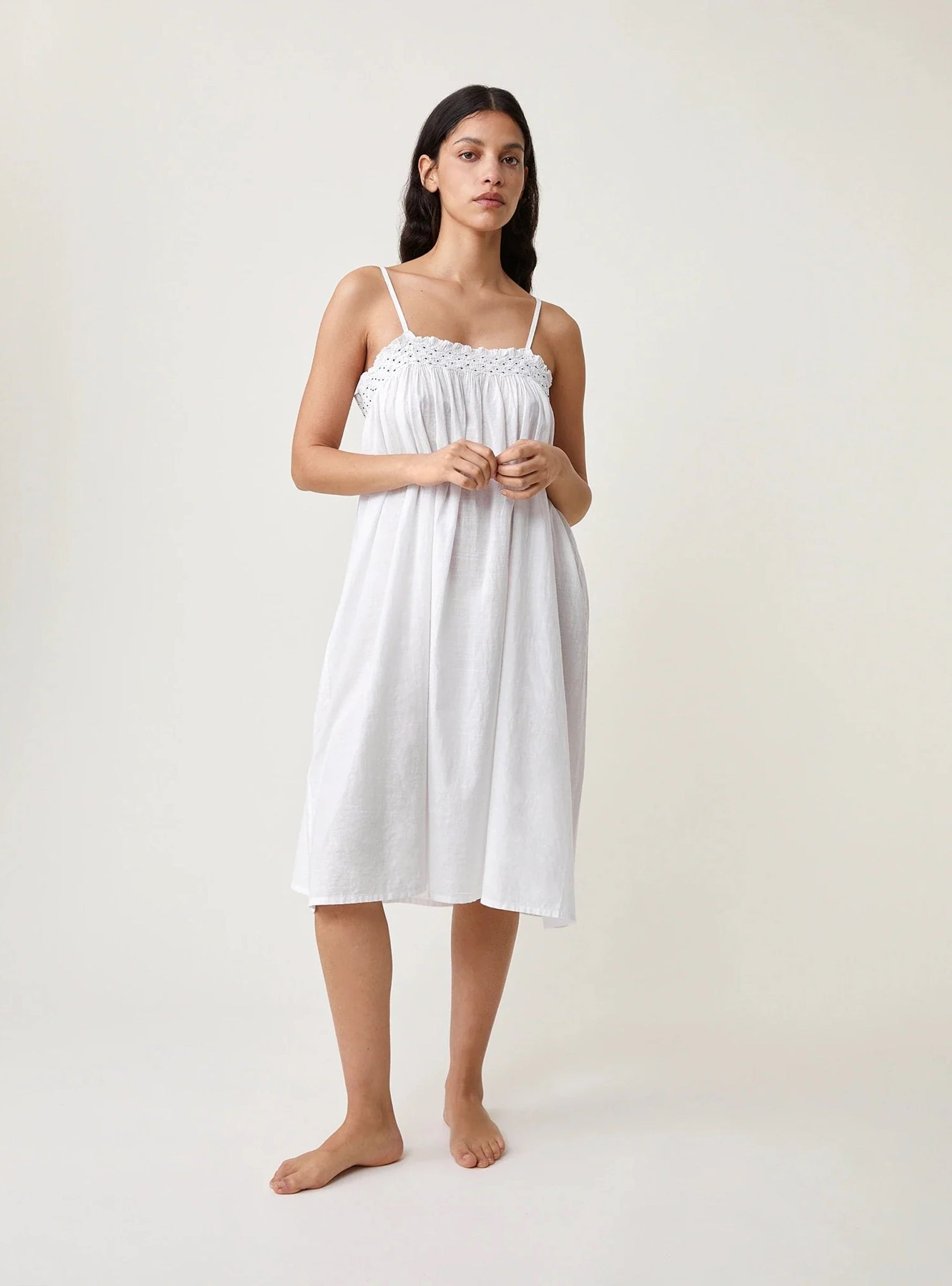 Sara Dress Navy Embroidery White navy embroidery Scarlette Atelier (model) at Couverture & The Garbstore