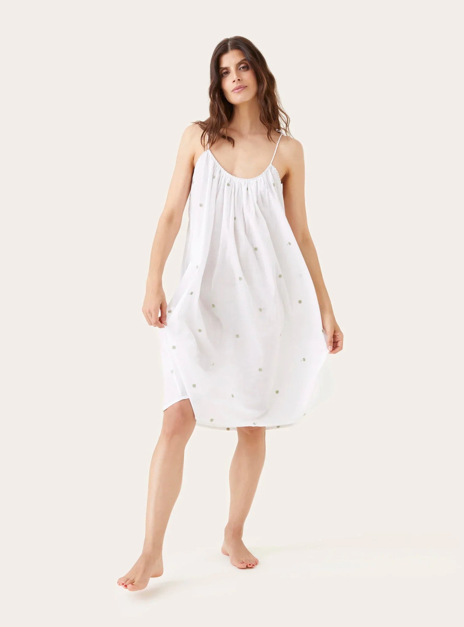 Lucy Night Dress Clover White green embroidery Scarlette Atelier (model) at Couverture & The Garbstore