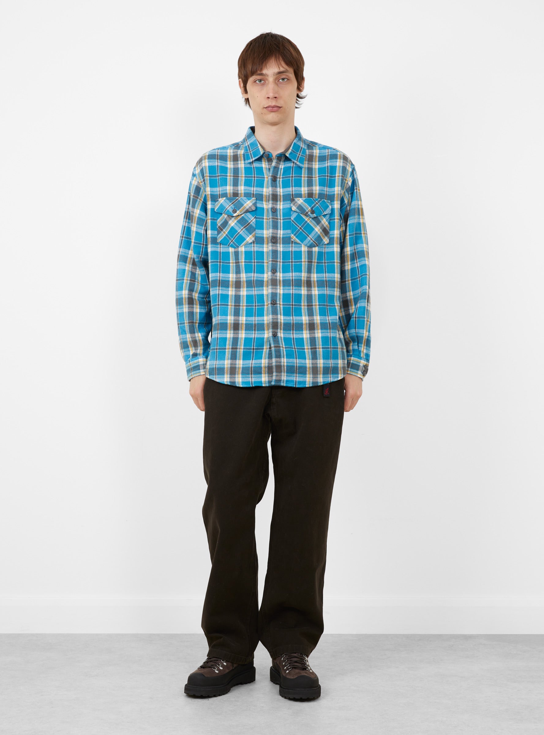 Heavy Flannel Shirt Blue Blue KHAKIS (2020) (model front) at Couverture & The Garbstore