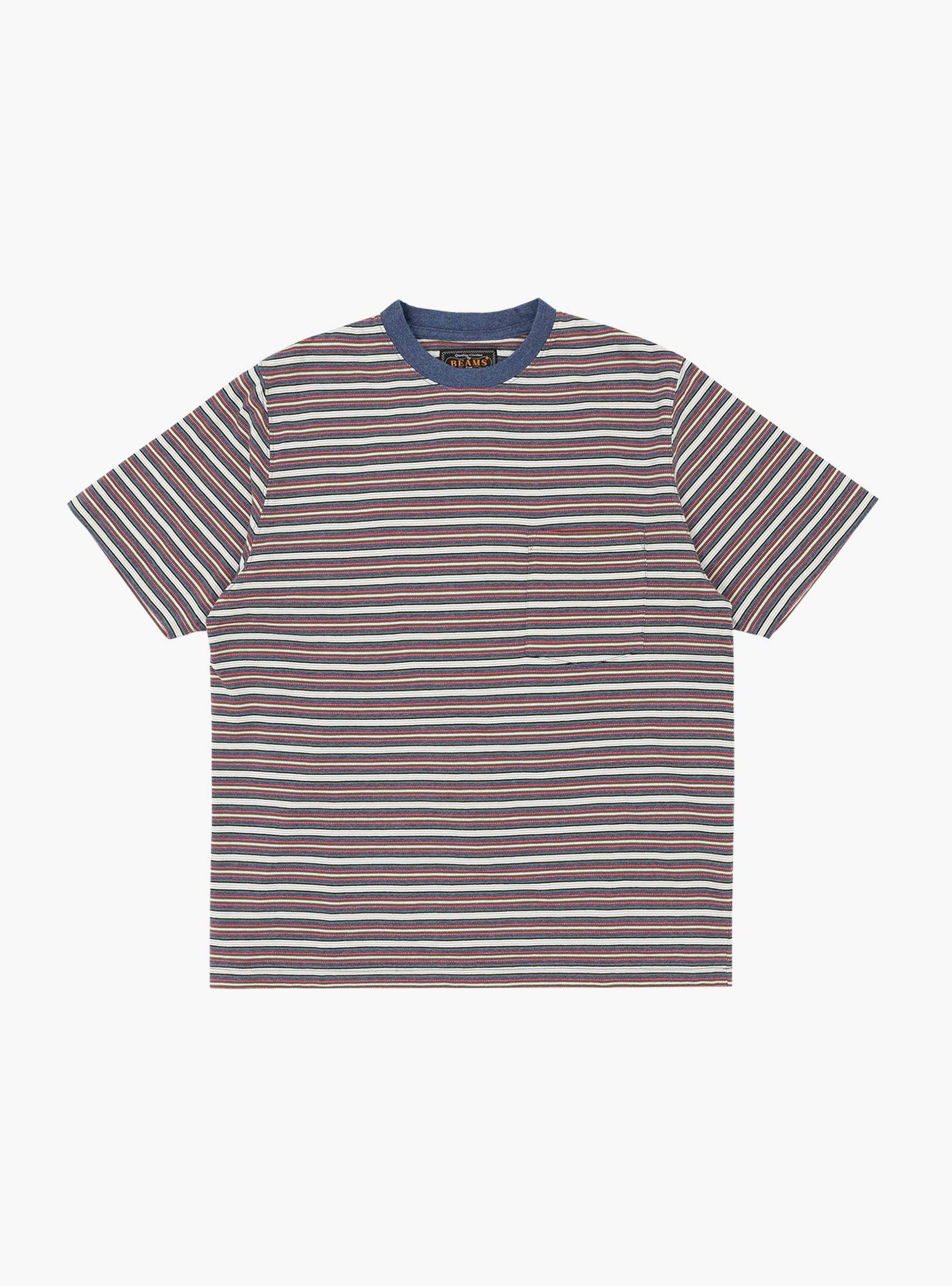 Pocket Tee Multi Stripe Blue BEAMS PLUS (front) at Couverture & The Garbstore