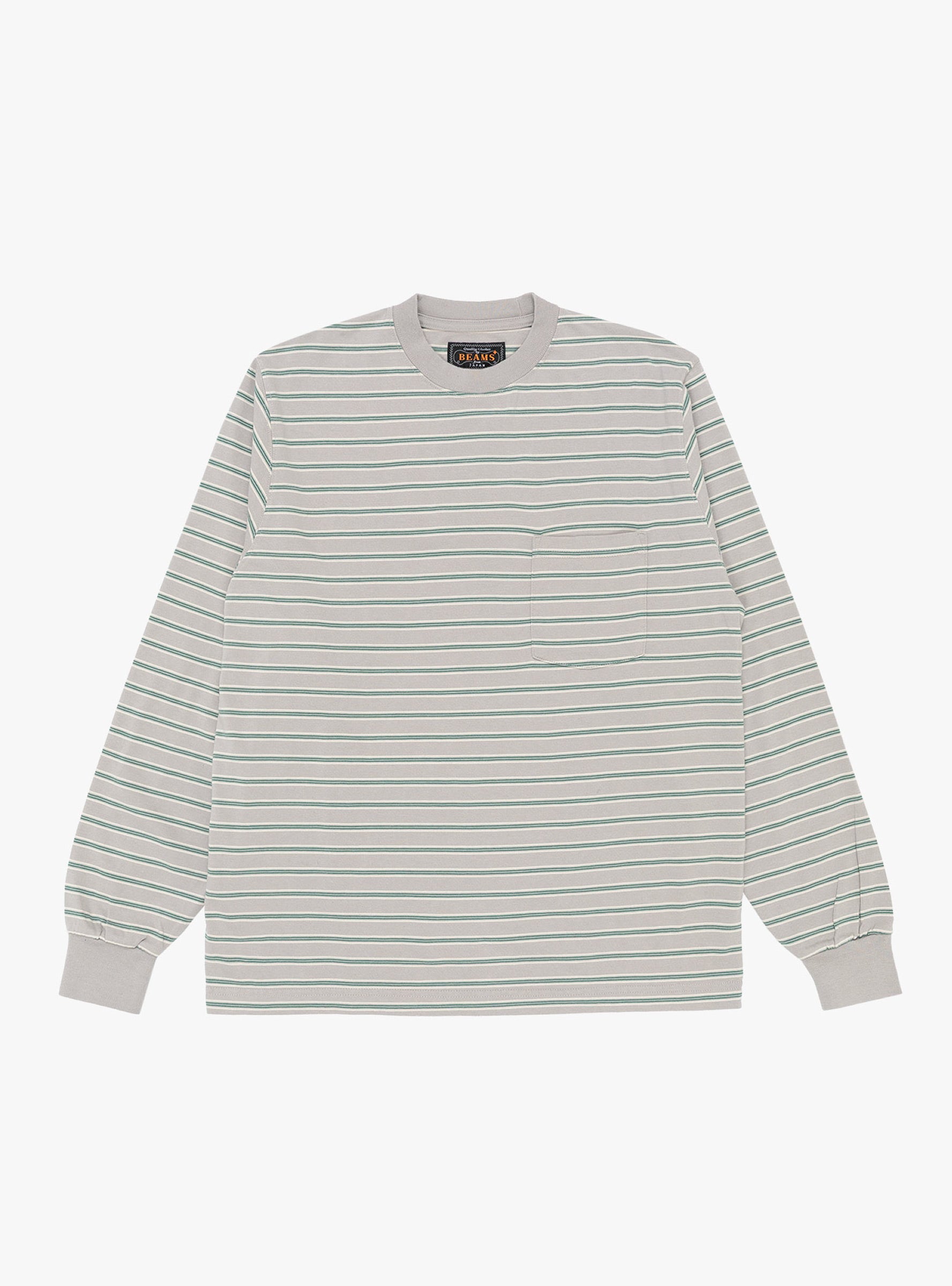 Pocket Tee Interlock Stripe Grey BEAMS PLUS (front) at Couverture & The Garbstore