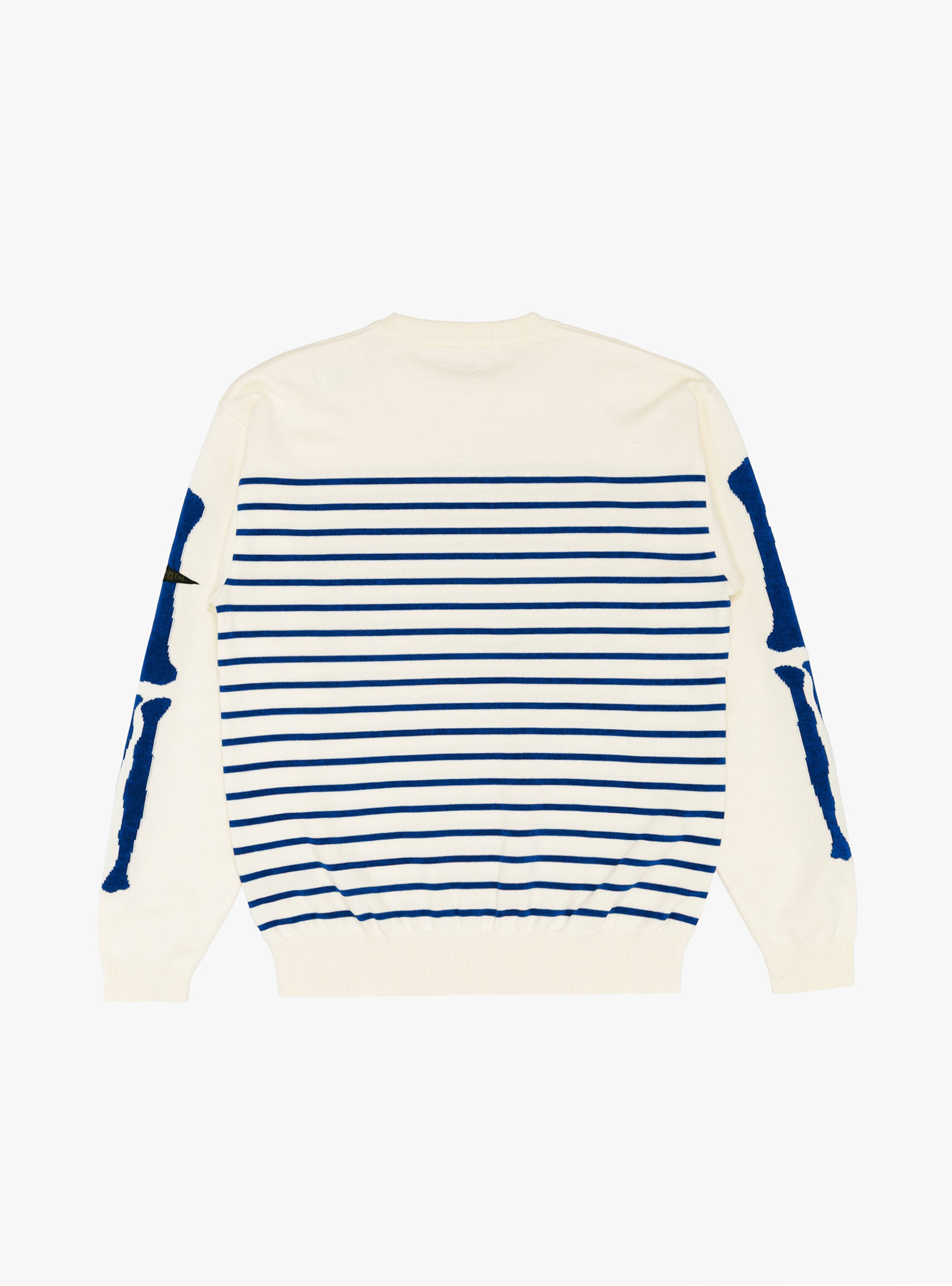 12G Panel Stripe Crew Sweater(BONE) Ecru & Blue KAPITAL (back) at Couverture & The Garbstore
