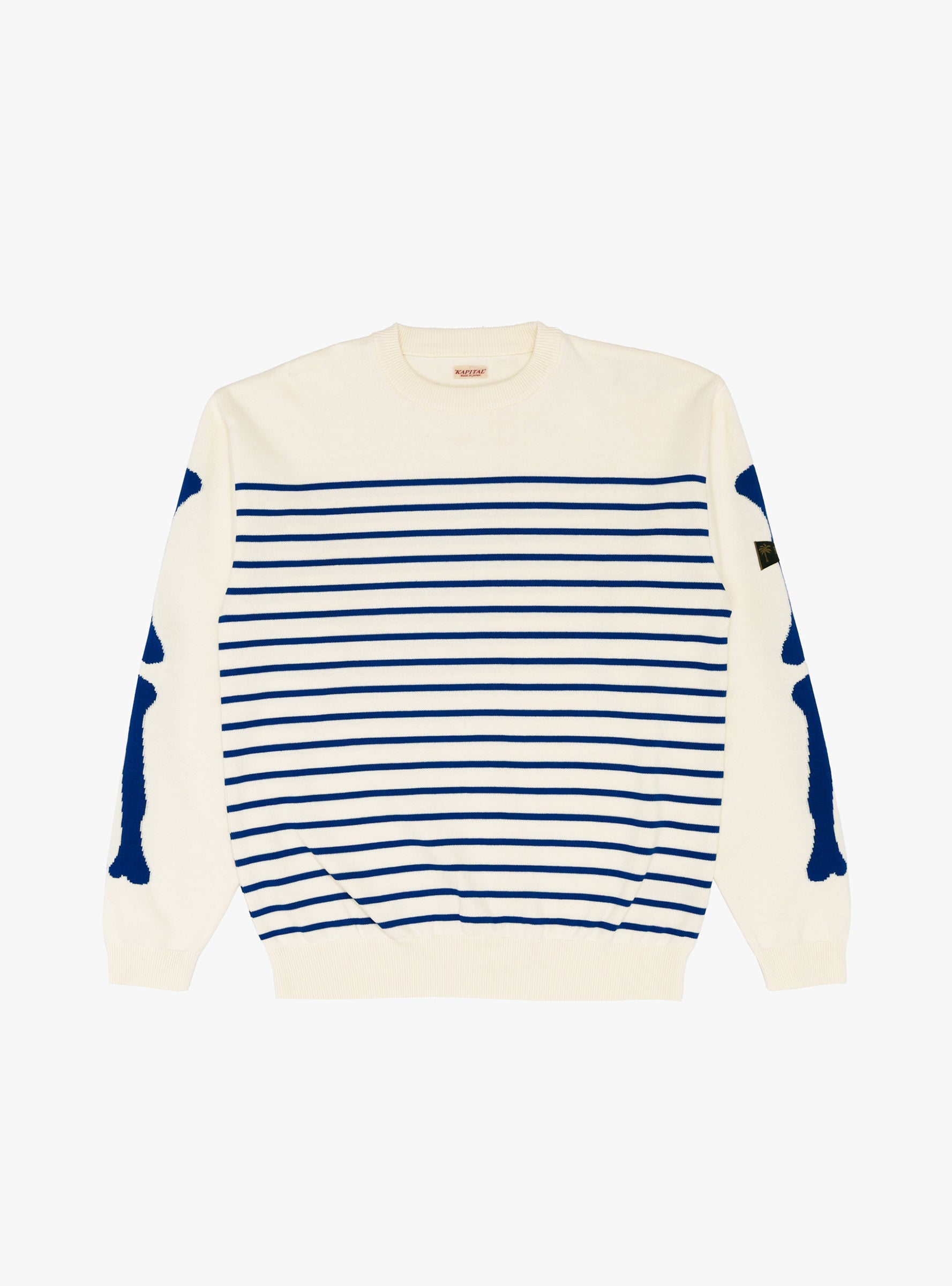 12G Panel Stripe Crew Sweater(BONE) Ecru & Blue KAPITAL (front) at Couverture & The Garbstore