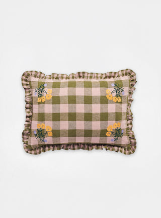 Leinikki Gingham Frill Embroidered Cushion Olive by Projektityyny | Couverture & The Garbstore
