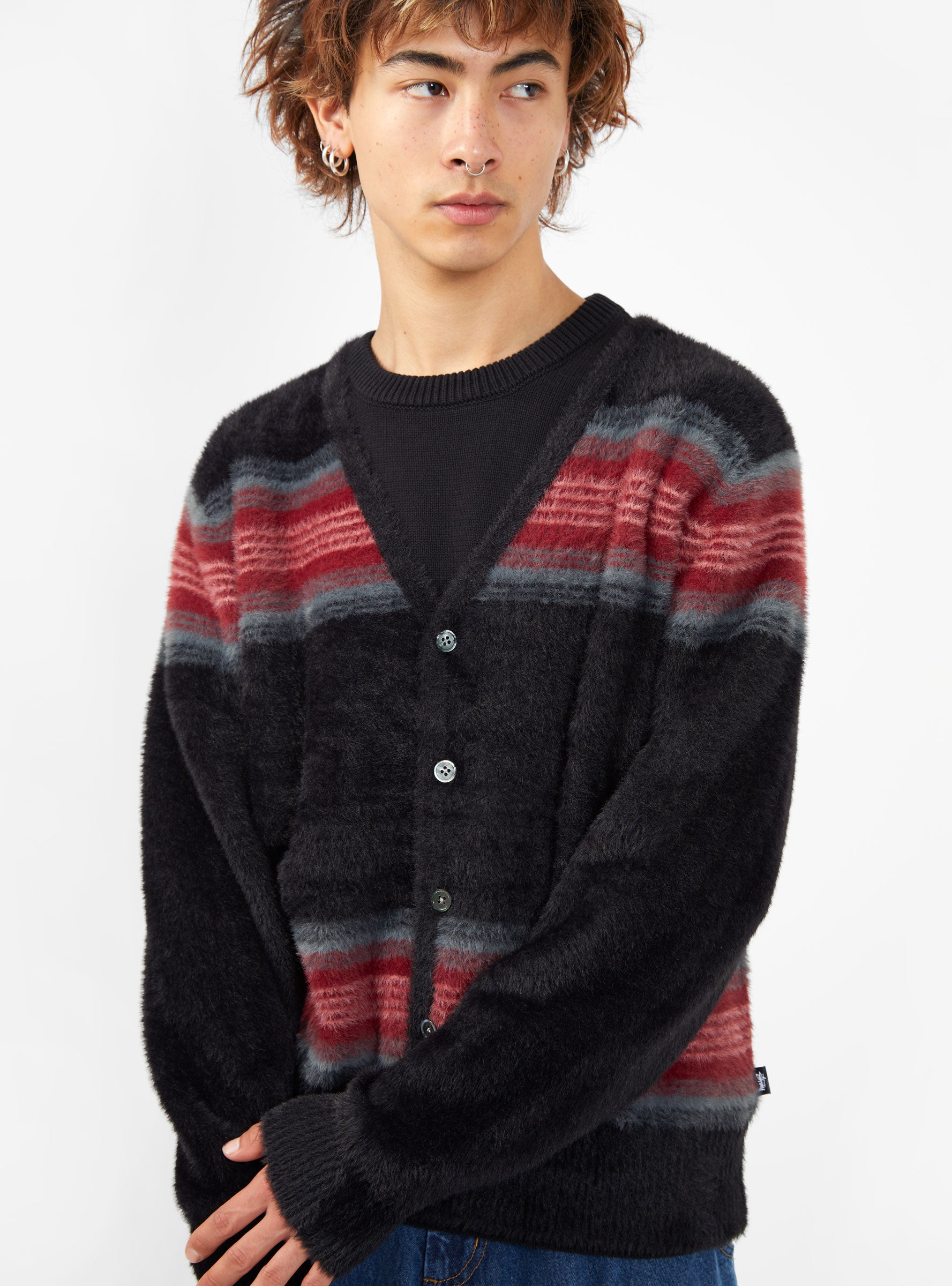 STUSSY STRIPE SHAGGY CARDIGAN Black M