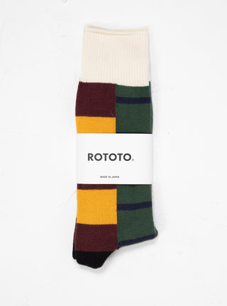 Rugger Pattern Crew Socks Burgundy, Yellow & Black by ROTOTO | Couverture & The Garbstore