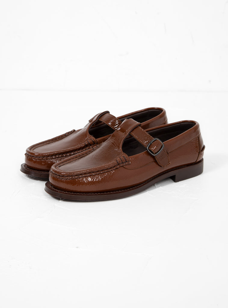 Alber Crinkled Glossy T-Bar Loafers Brown by Hereu | Couverture & The Garbstore